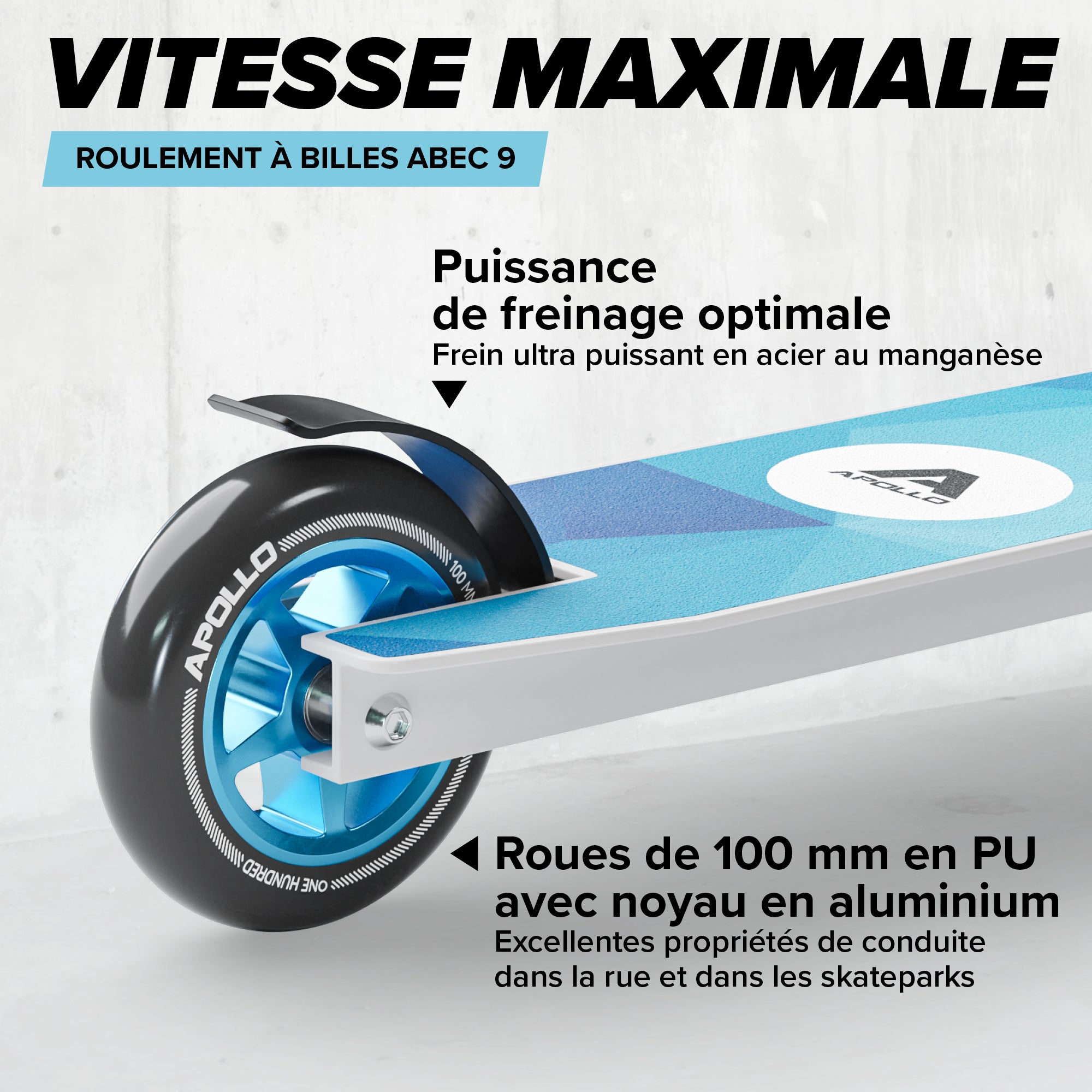 Apollo - Trottinette Freestyle Genius Pro - Trottinette robuste avec roulement à billes ABEC 9 - Blanc Bleu