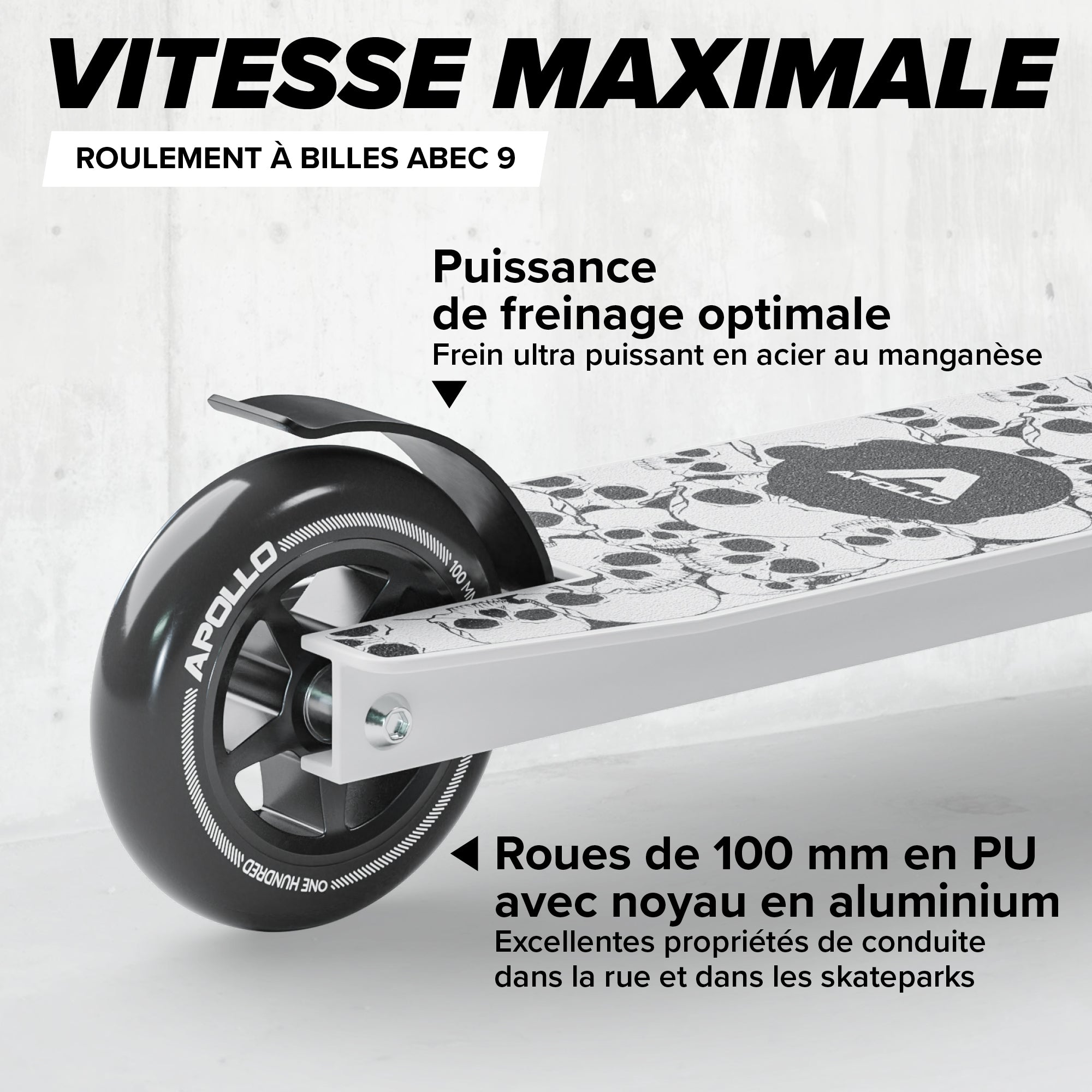 Apollo - Trottinette Freestyle Genius Pro - Trottinette robuste avec roulement à billes ABEC 9 - White Skull