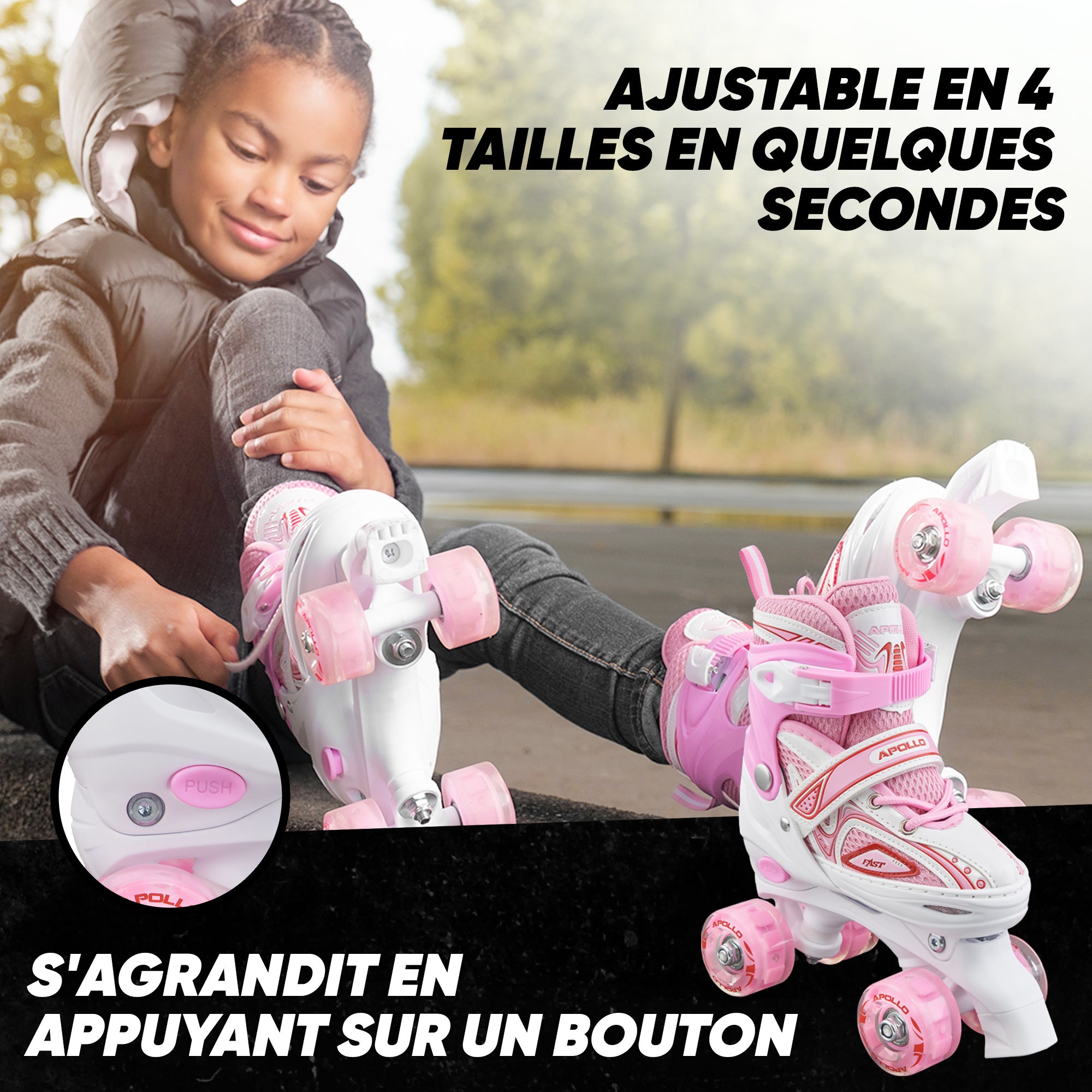 Apollo - Super Quad X Pro – Patins à roulettes LED pour enfants et adolescents – Rose blanc -