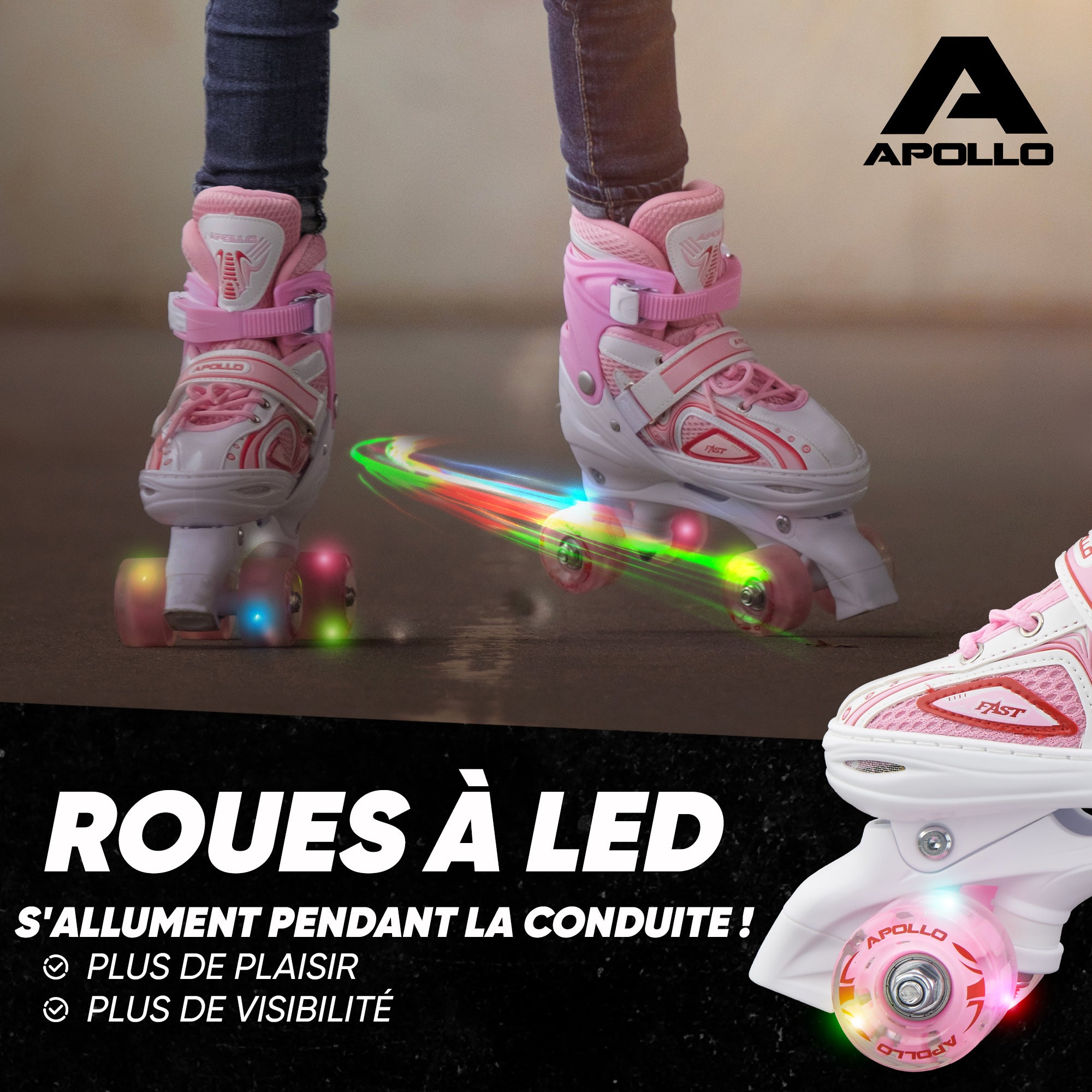 Apollo - Super Quad X Pro – Patins à roulettes LED pour enfants et adolescents – Rose blanc -