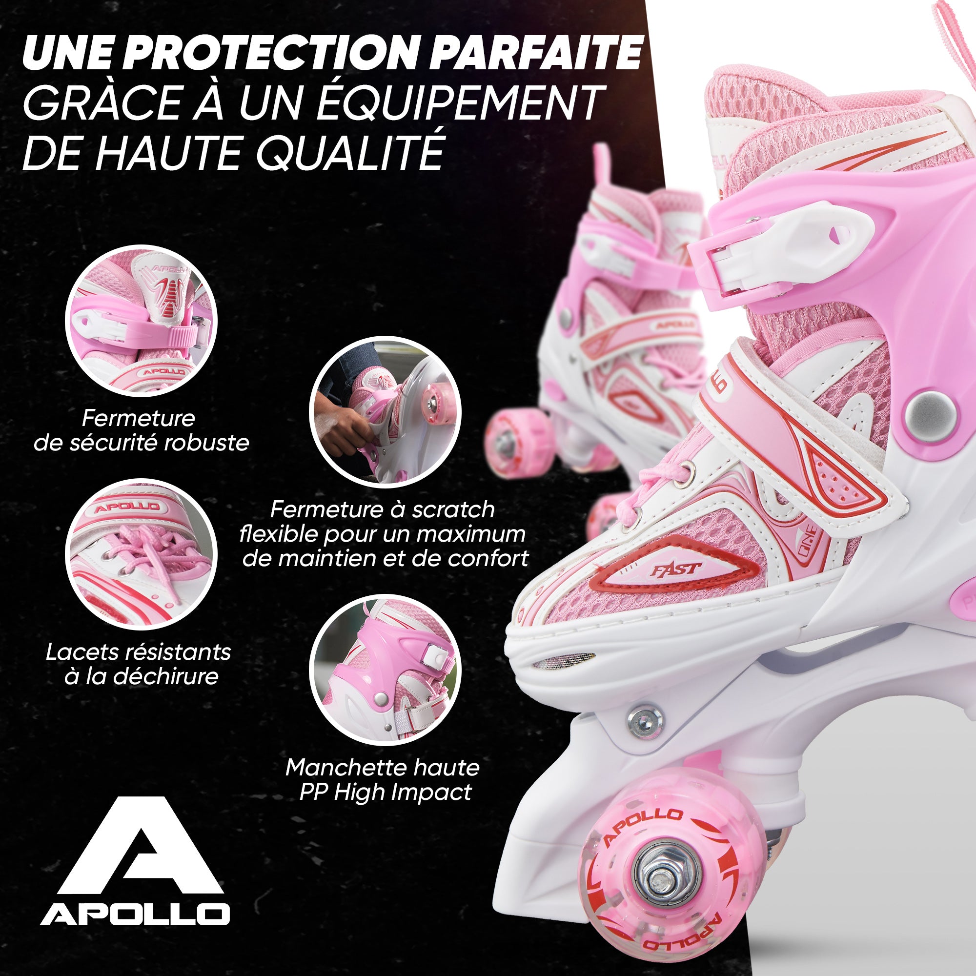 Apollo - Super Quad X Pro – Patins à roulettes LED pour enfants et adolescents – Rose blanc -
