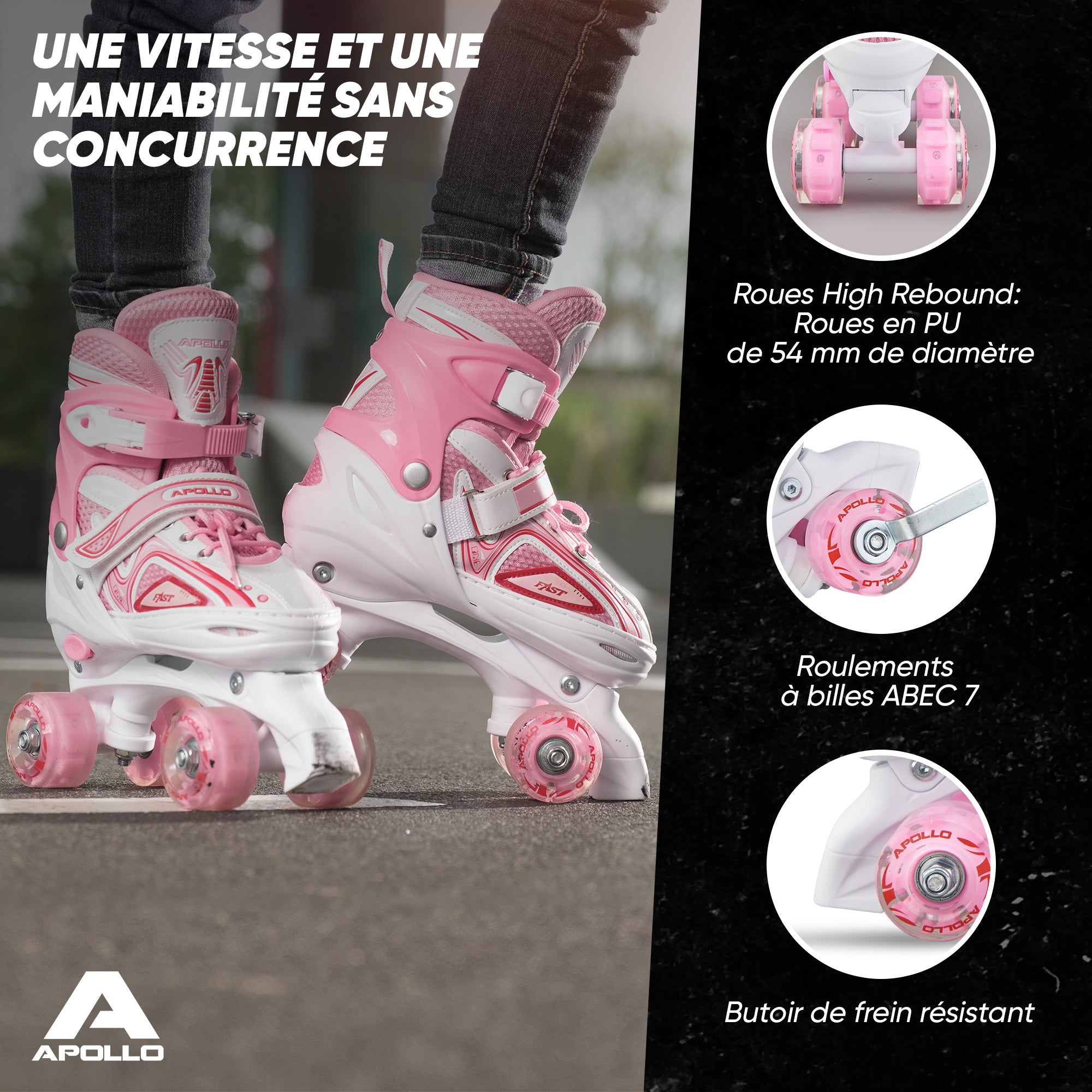 Apollo - Super Quad X Pro – Patins à roulettes LED pour enfants et adolescents – Rose blanc -