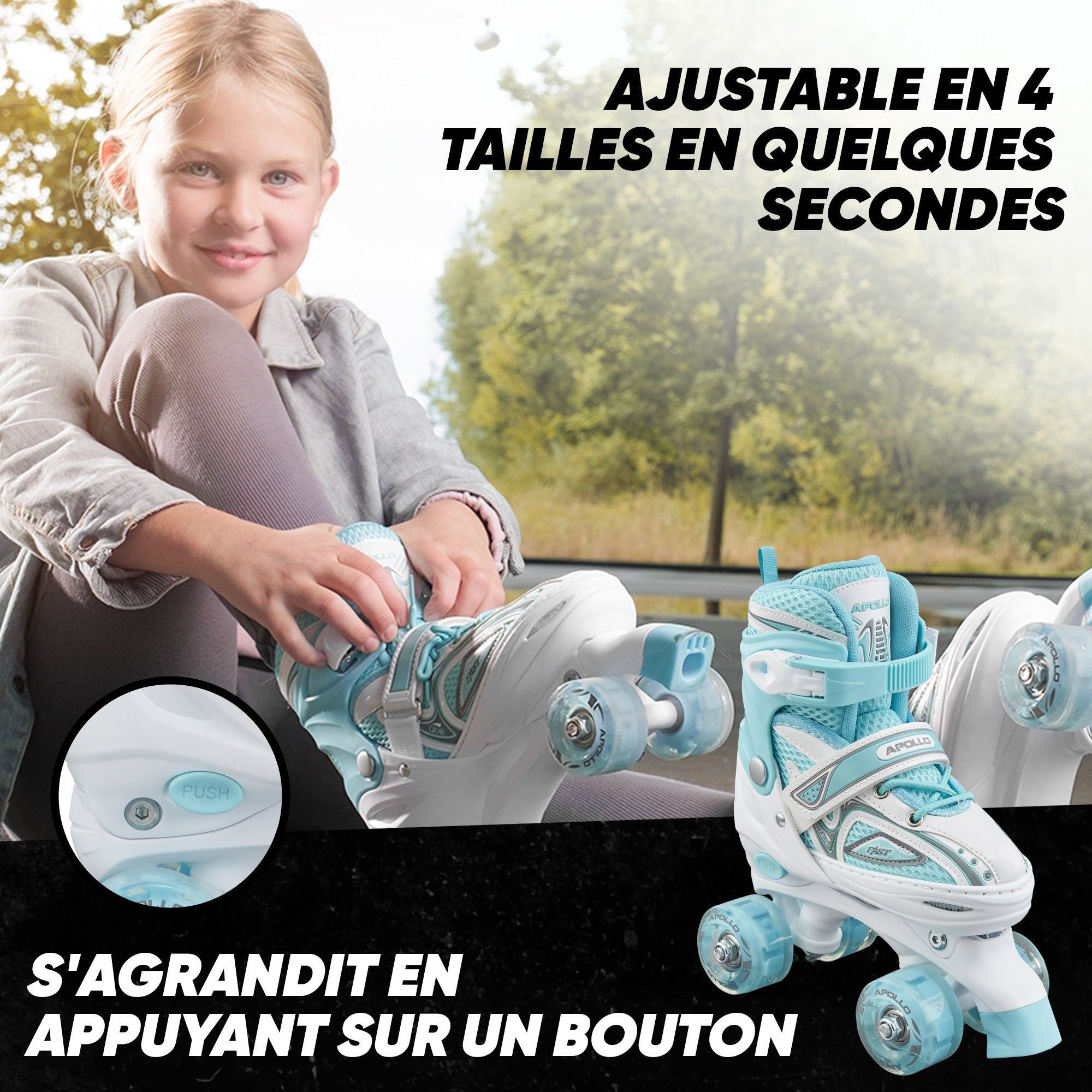Apollo - Super Quad X Pro – Patins à roulettes LED pour enfants et adolescents – Menthe blanche - L (39-42)