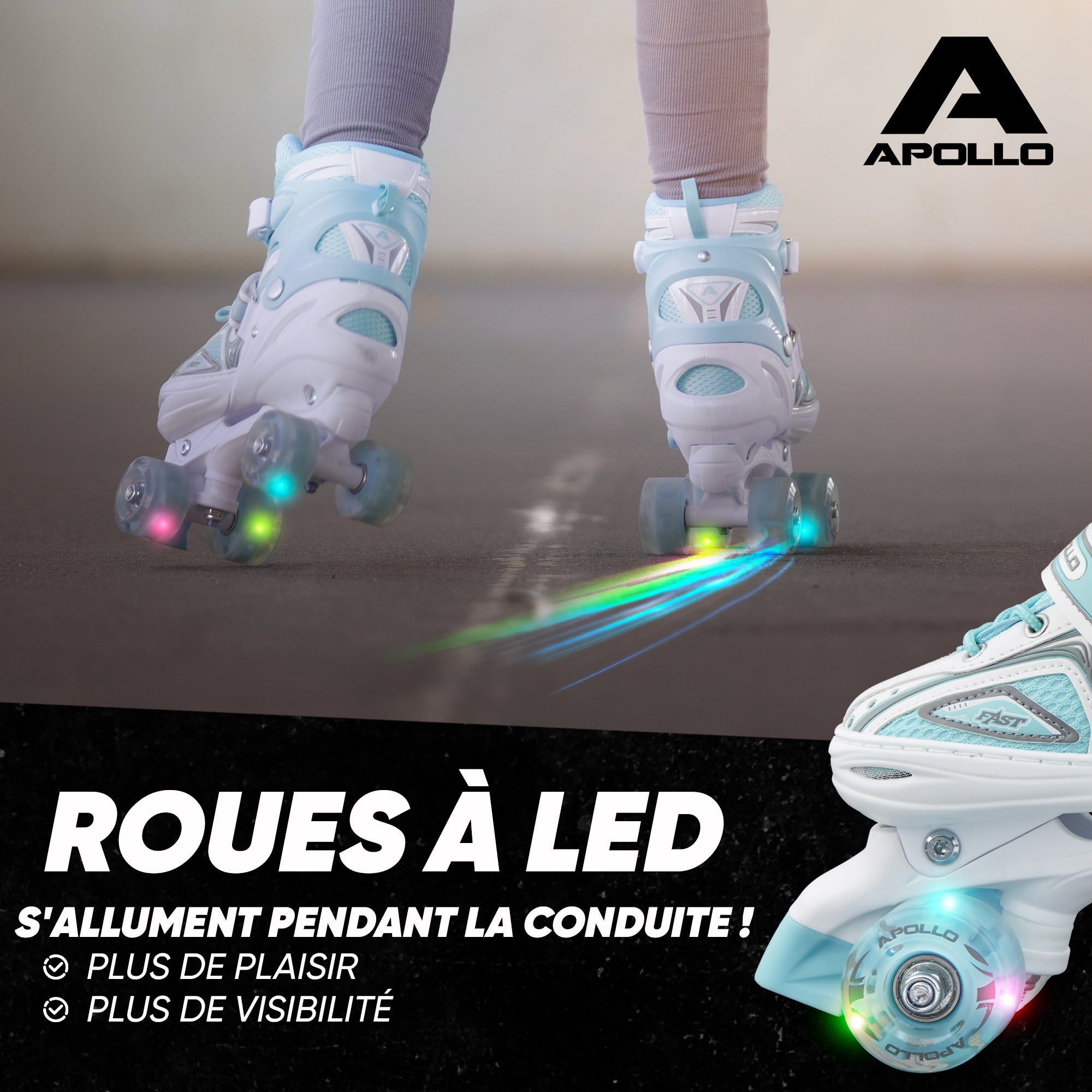 Apollo - Super Quad X Pro – Patins à roulettes LED pour enfants et adolescents – Menthe blanche - L (39-42)