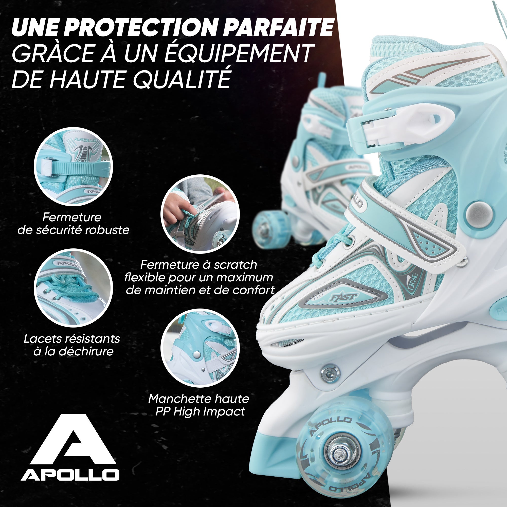 Apollo - Super Quad X Pro – Patins à roulettes LED pour enfants et adolescents – Menthe blanche - L (39-42)