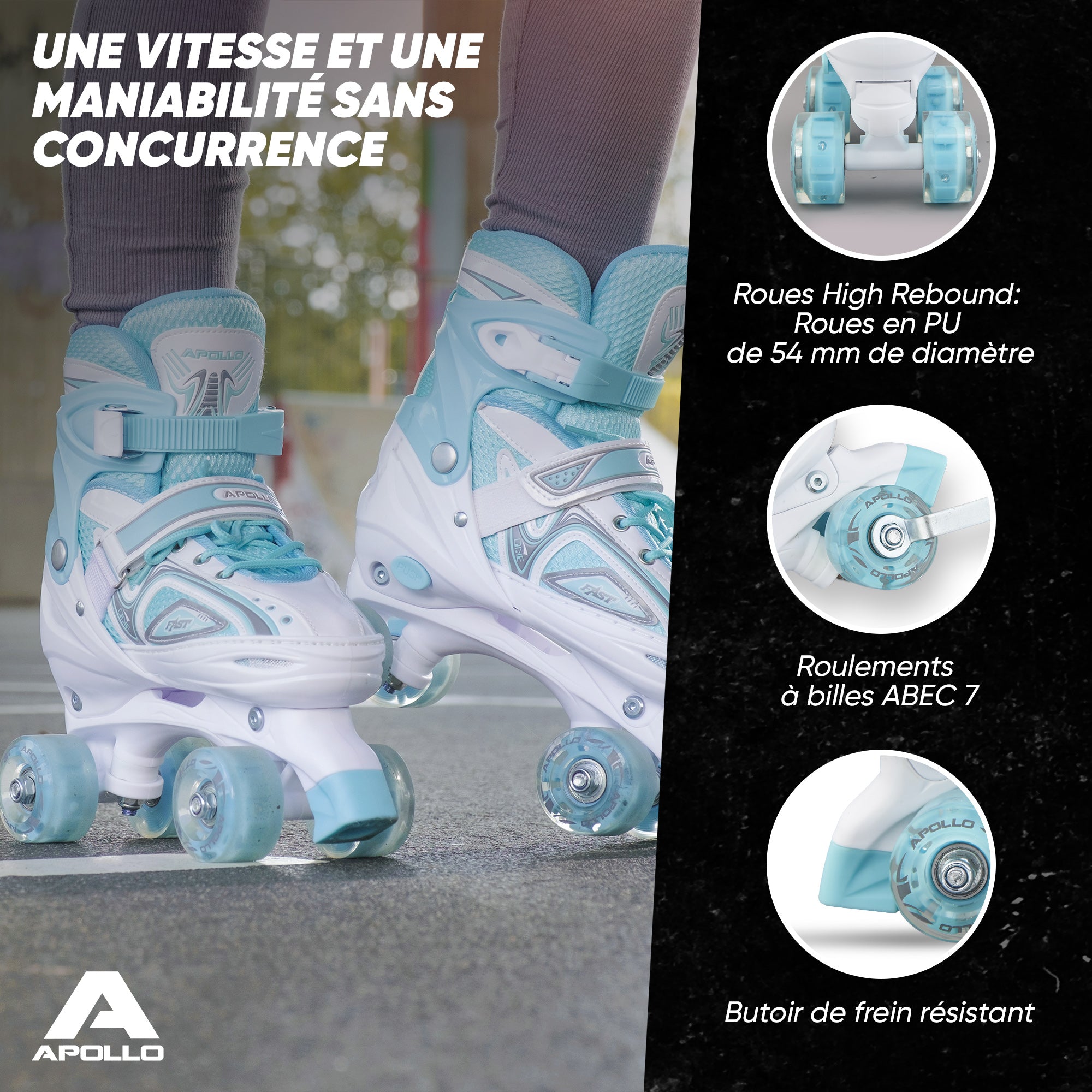 Apollo - Super Quad X Pro – Patins à roulettes LED pour enfants et adolescents – Menthe blanche - L (39-42)