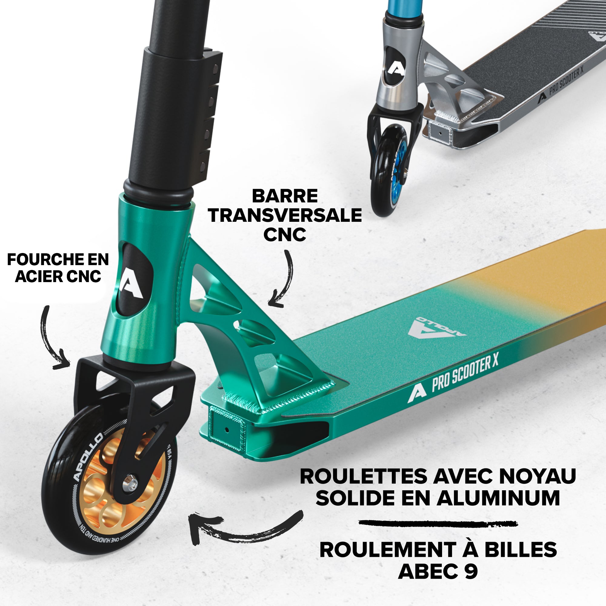 Apollo - Trotinette freestyle Adulte Genesis Pro X avec Roulements à Billes ABEC 9 - Turqoise Or