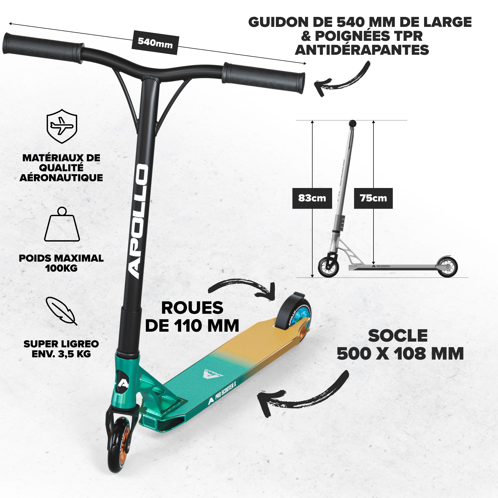 Apollo - Trotinette freestyle Adulte Genesis Pro X avec Roulements à Billes ABEC 9 - Turqoise Or