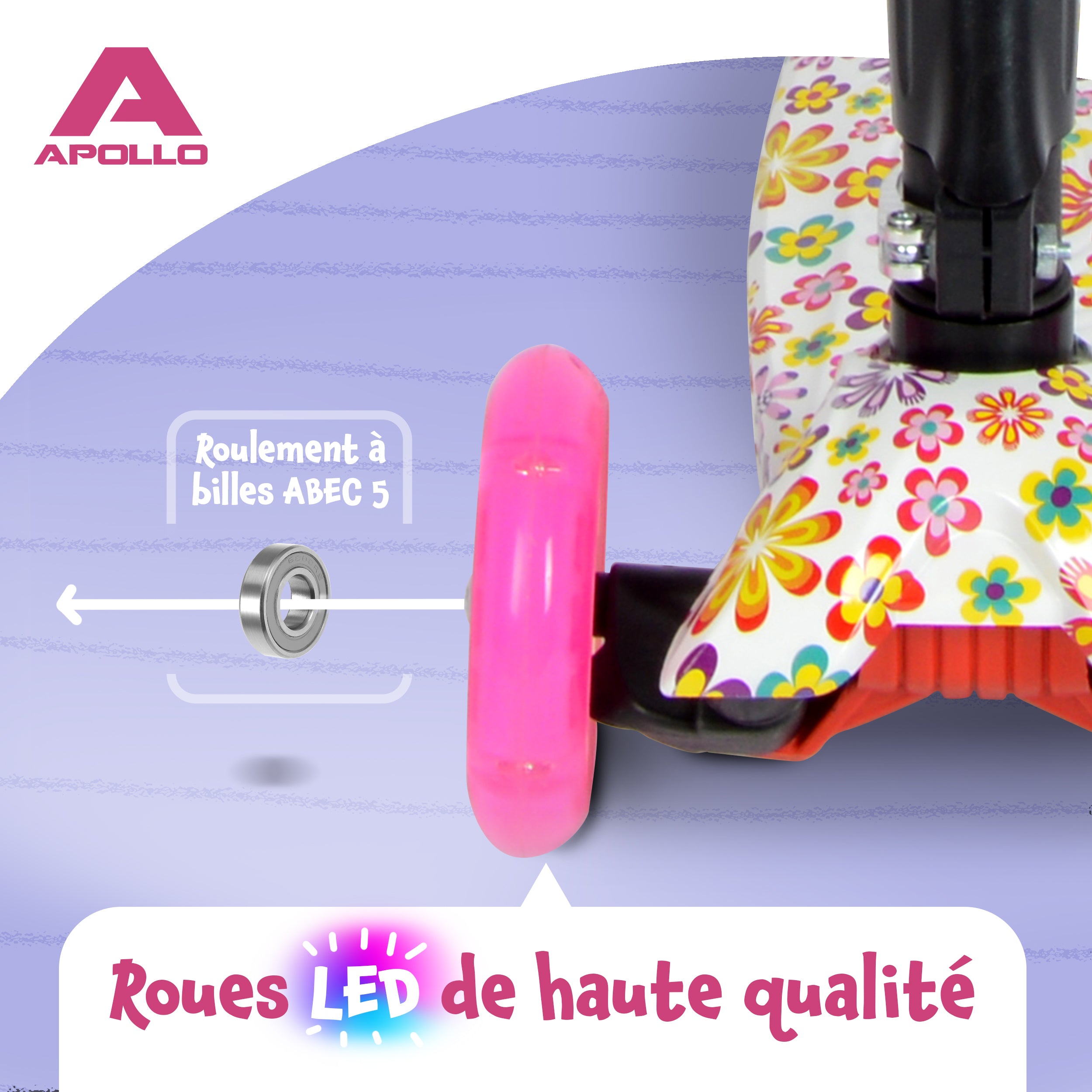 Apollo - Trottinette Kids Whiz à LED pour les enfants - Fleurs roses