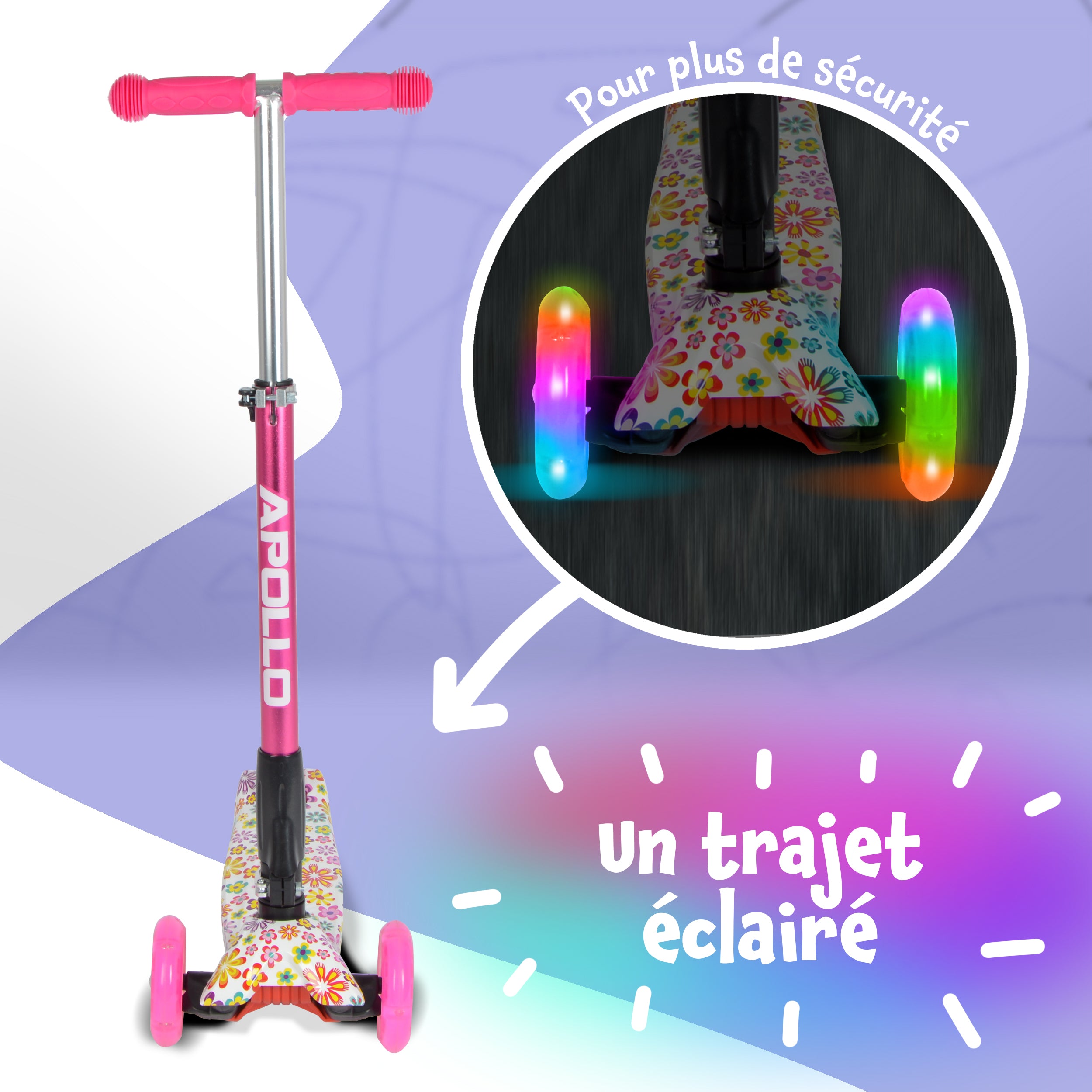 Apollo - Trottinette Kids Whiz à LED pour les enfants - Fleurs roses