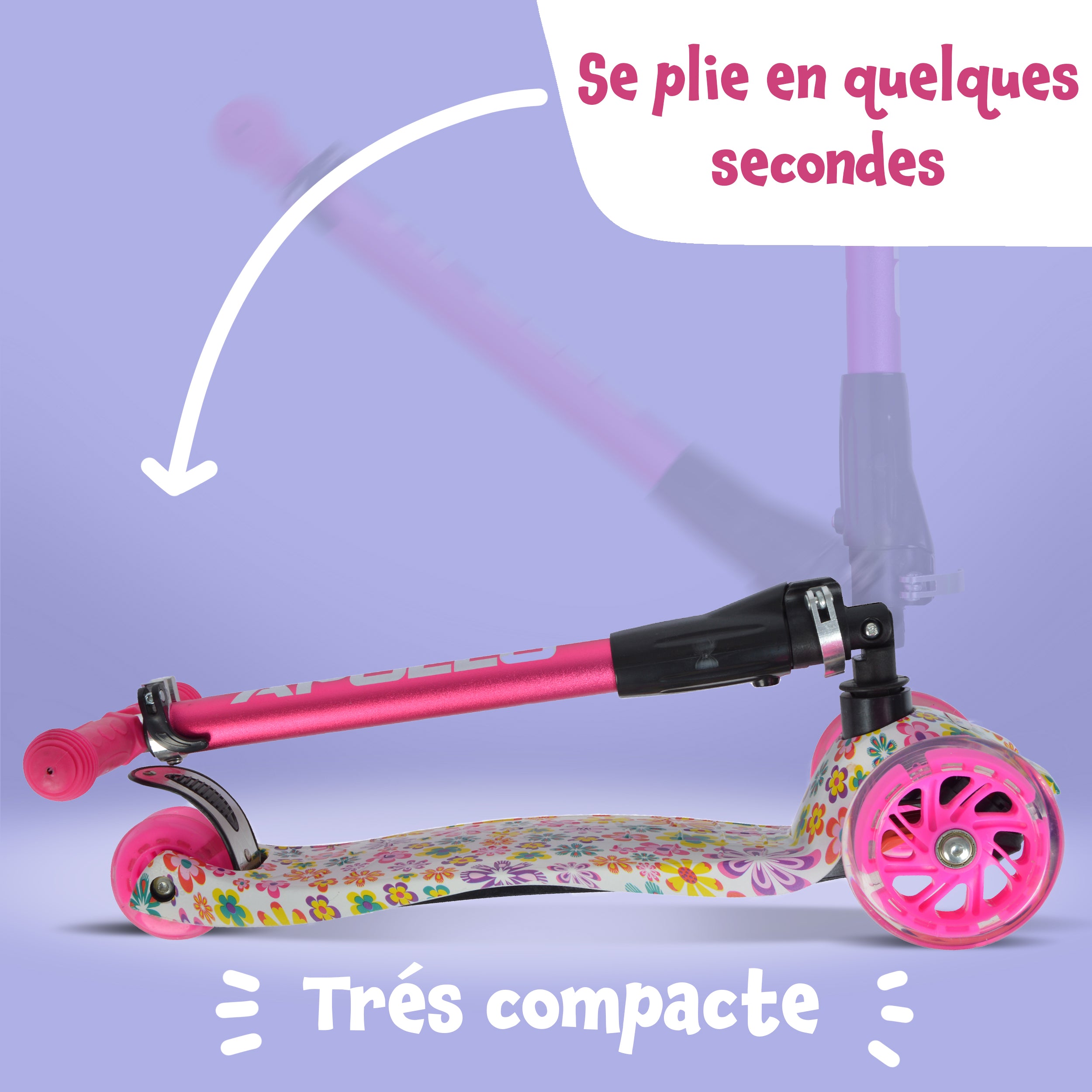 Apollo - Trottinette Kids Whiz à LED pour les enfants - Fleurs roses