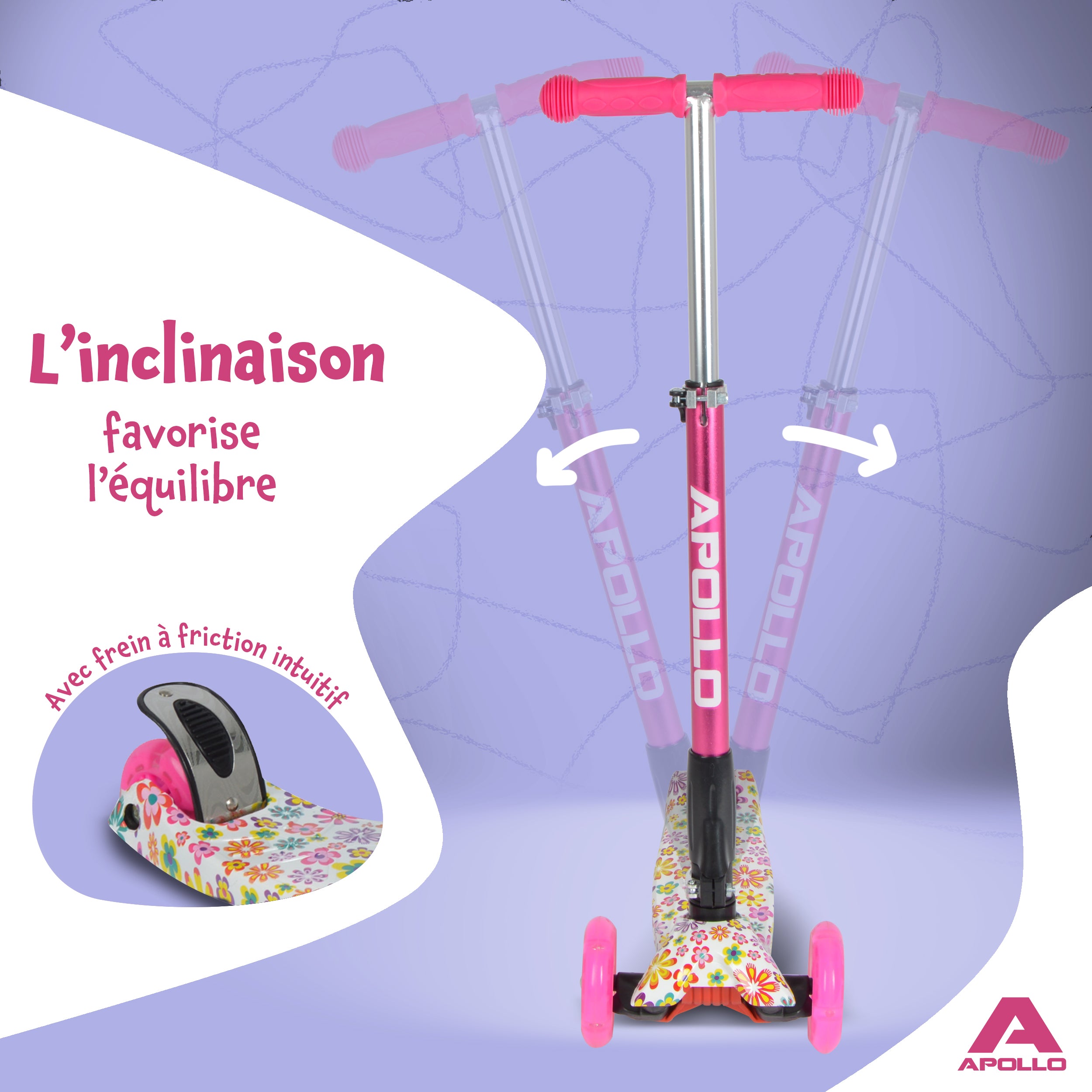 Apollo - Trottinette Kids Whiz à LED pour les enfants - Fleurs roses