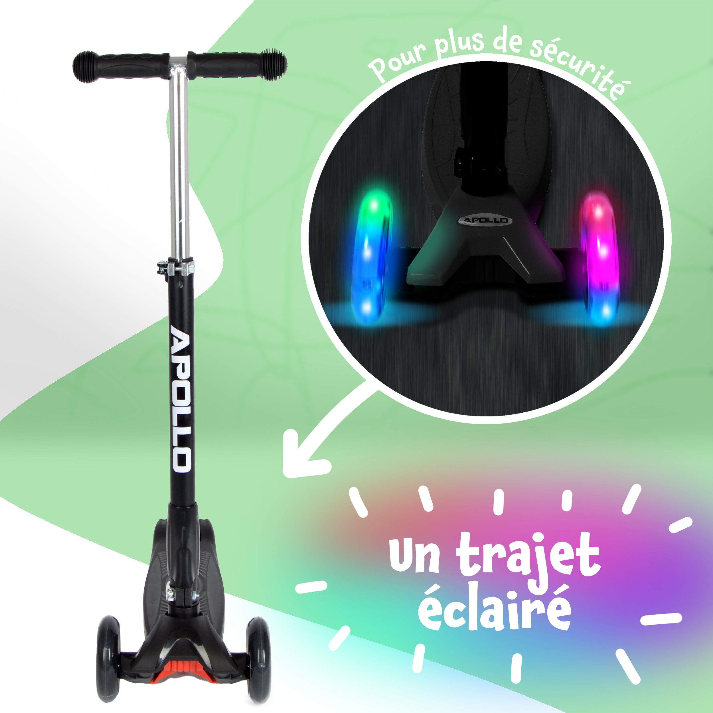 Apollo - Trottinette Kids Whiz à LED pour les enfants - Noir