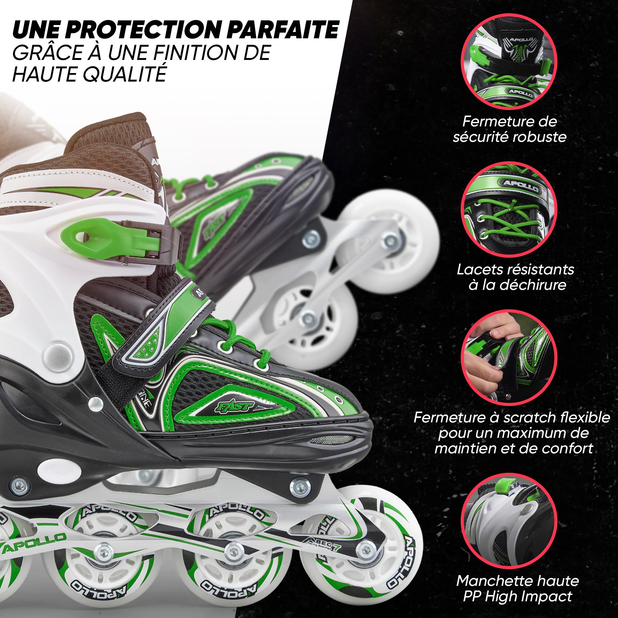 Apollo - Super Blades X Pro - Rollers avec roues à LED illuminées - Vert - M (35-38)