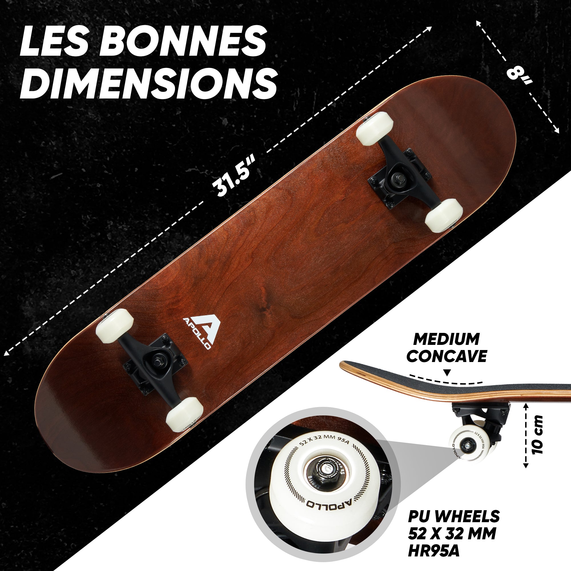 Apollo - Skateboard professionnel enfants et adultes - Plain Wood - Wood