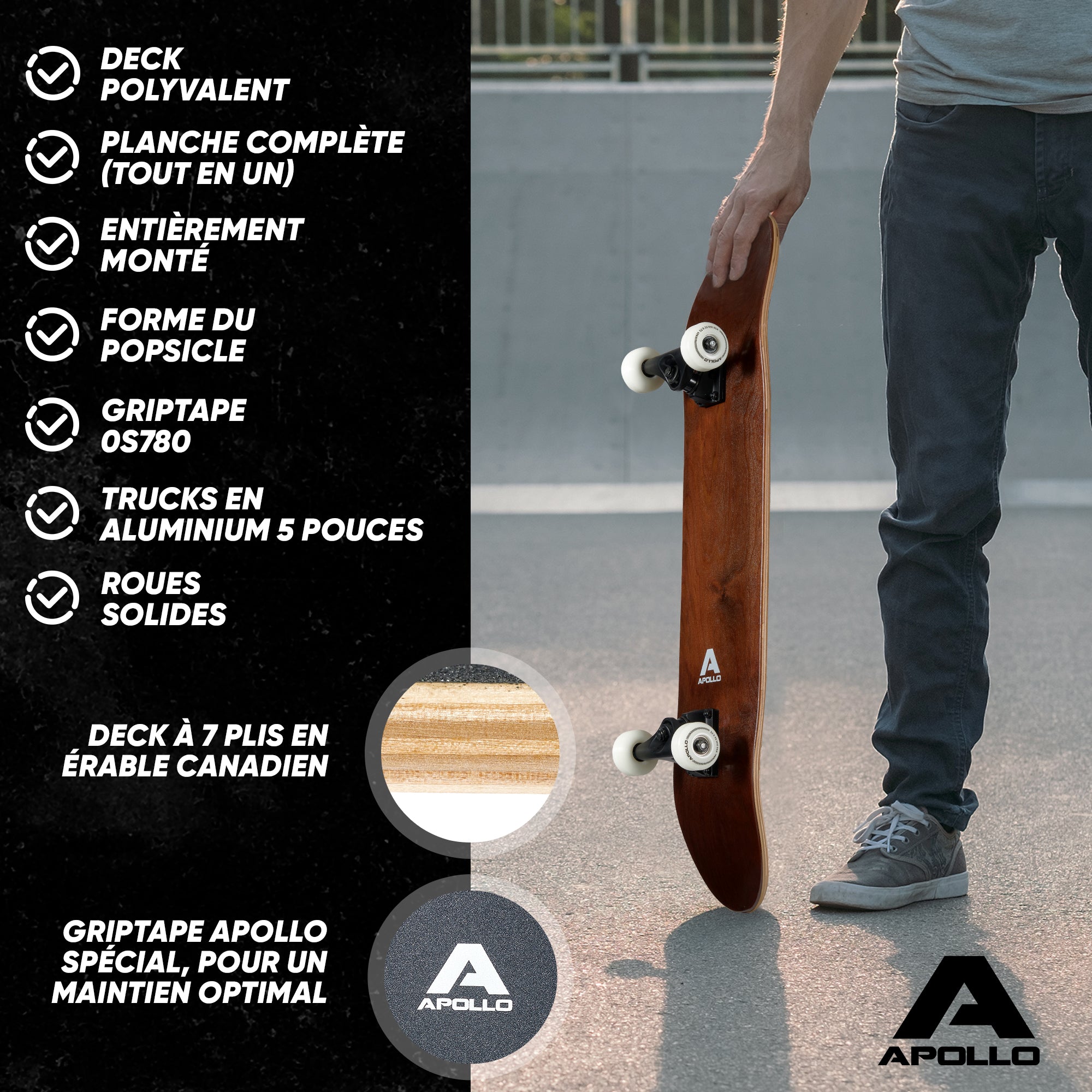 Apollo - Skateboard professionnel enfants et adultes - Plain Wood - Wood