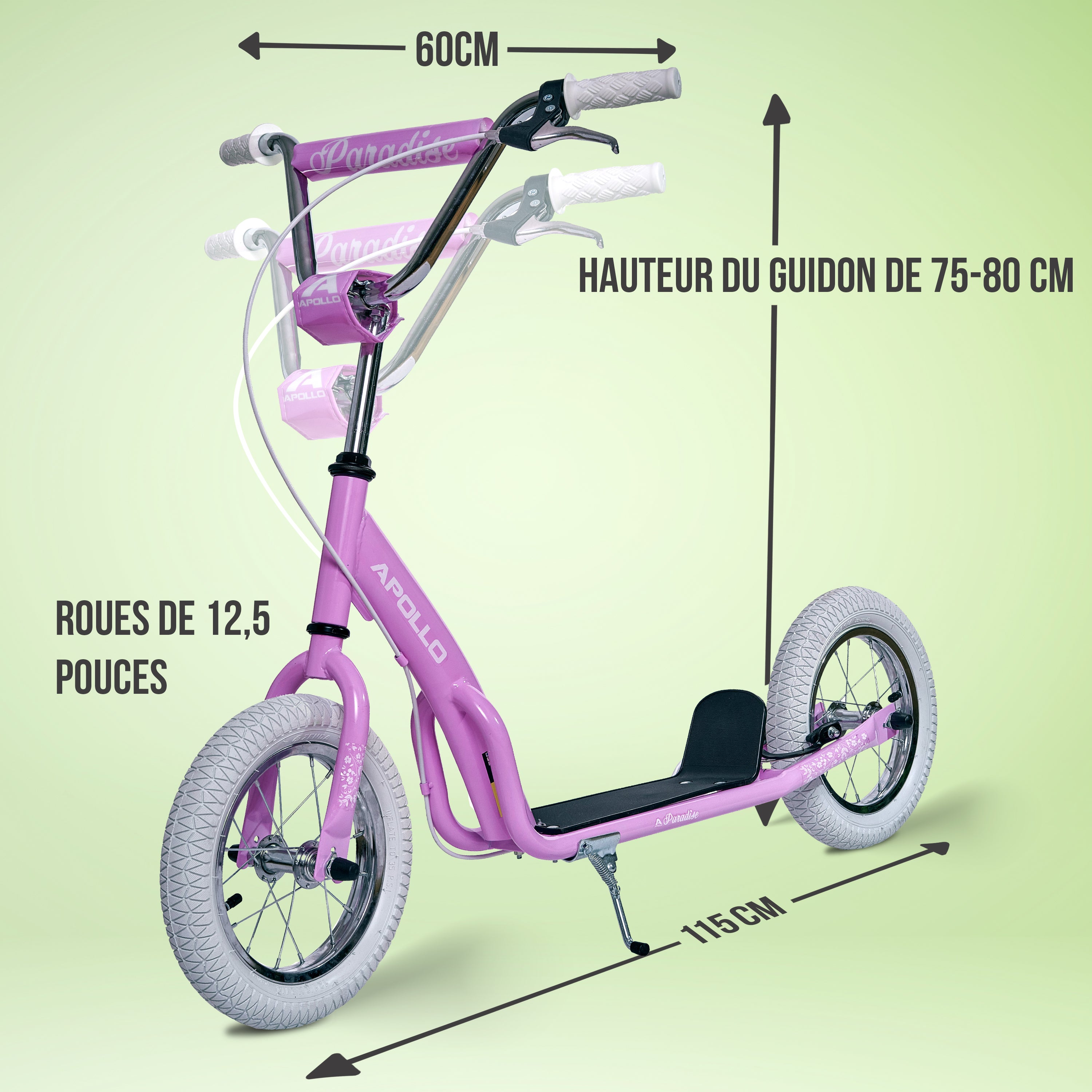 Apollo - Trottinette Enfants Retro Paradise - Pneus Gonflables 12,5 Pouces - Rose
