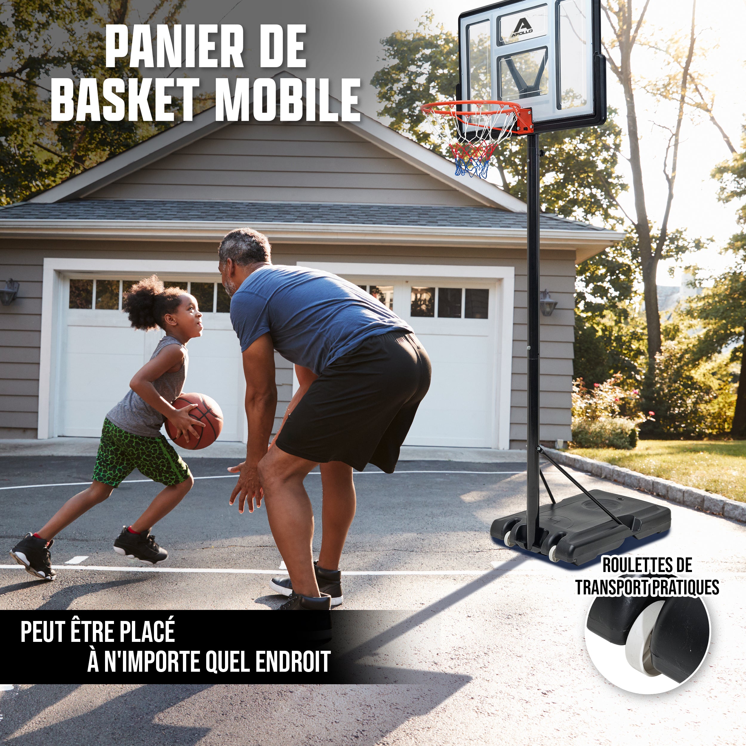 Apollo - Panier de Basket avec Support et roulettes - Hauteur réglable du Panier de 230 à 305 cm -