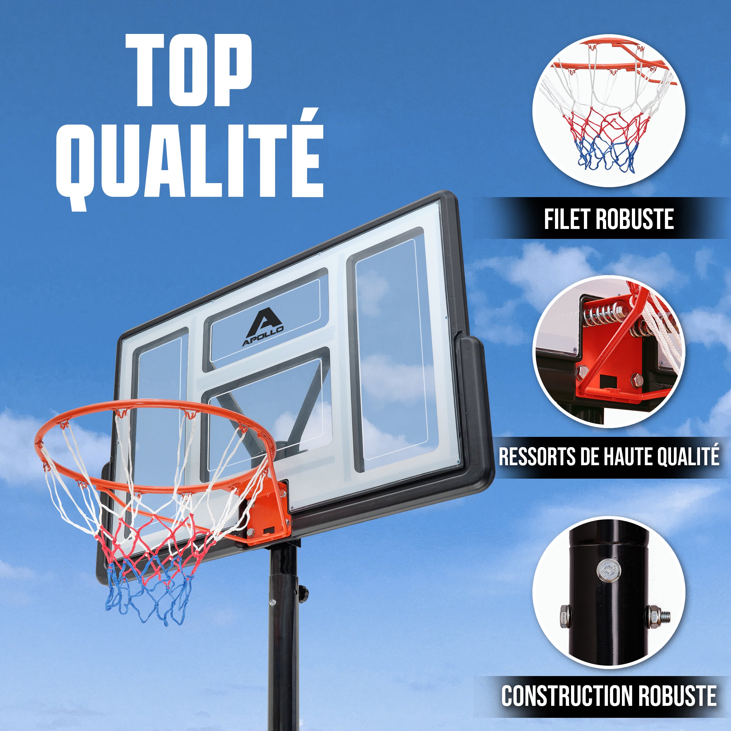 Apollo - Panier de Basket avec Support et roulettes - Hauteur réglable du Panier de 230 à 305 cm -