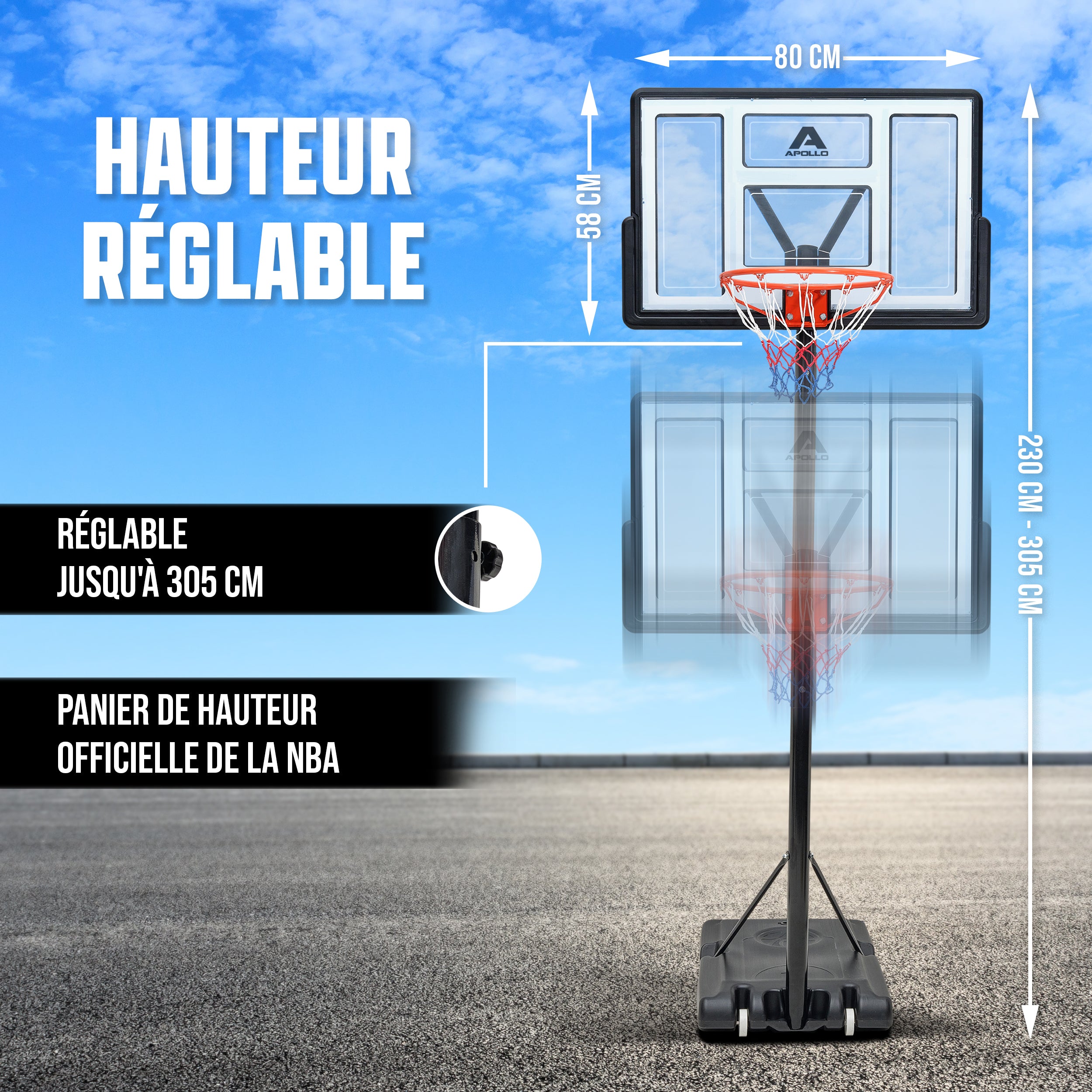 Apollo - Panier de Basket avec Support et roulettes - Hauteur réglable du Panier de 230 à 305 cm -