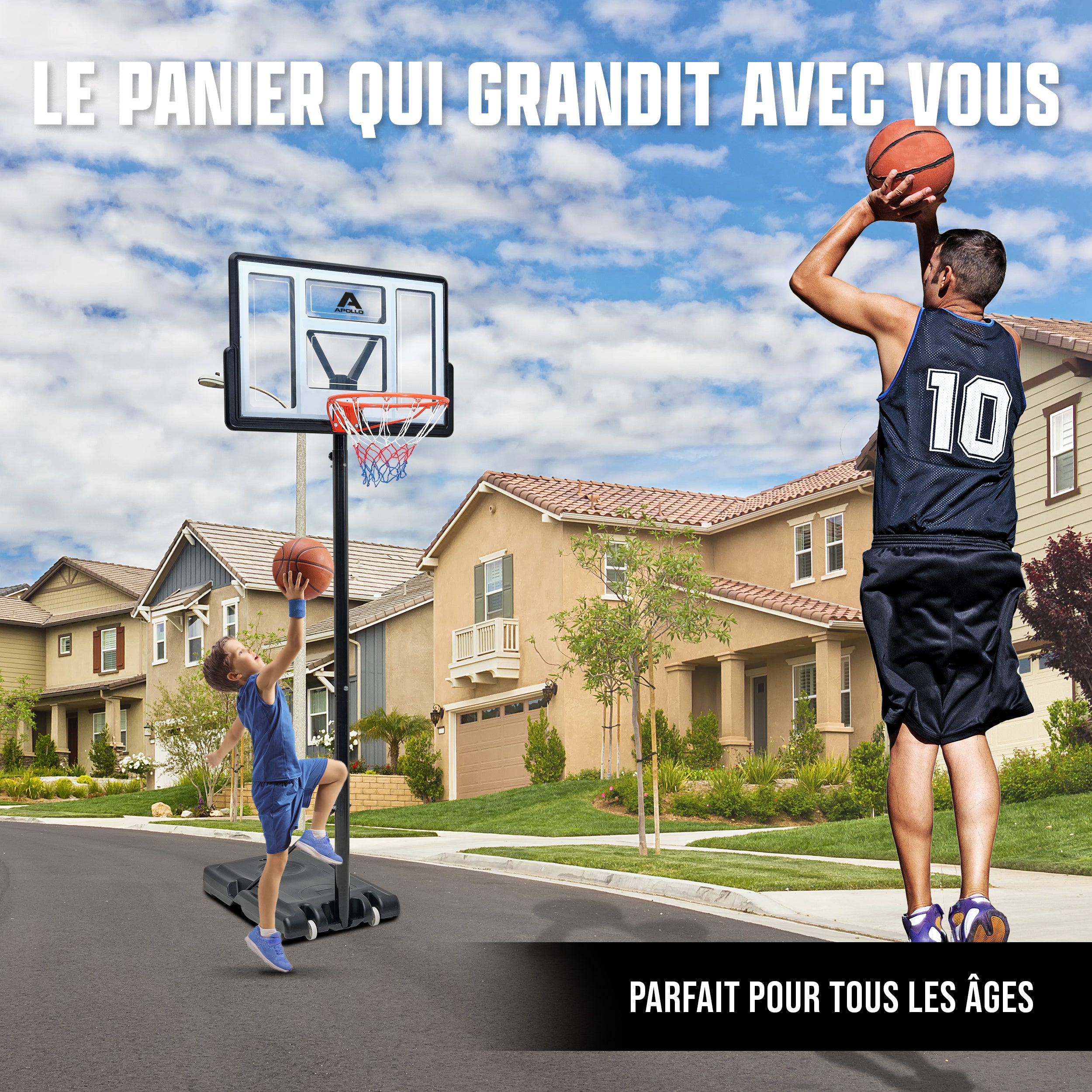 Apollo - Panier de Basket avec Support et roulettes - Hauteur réglable du Panier de 230 à 305 cm -