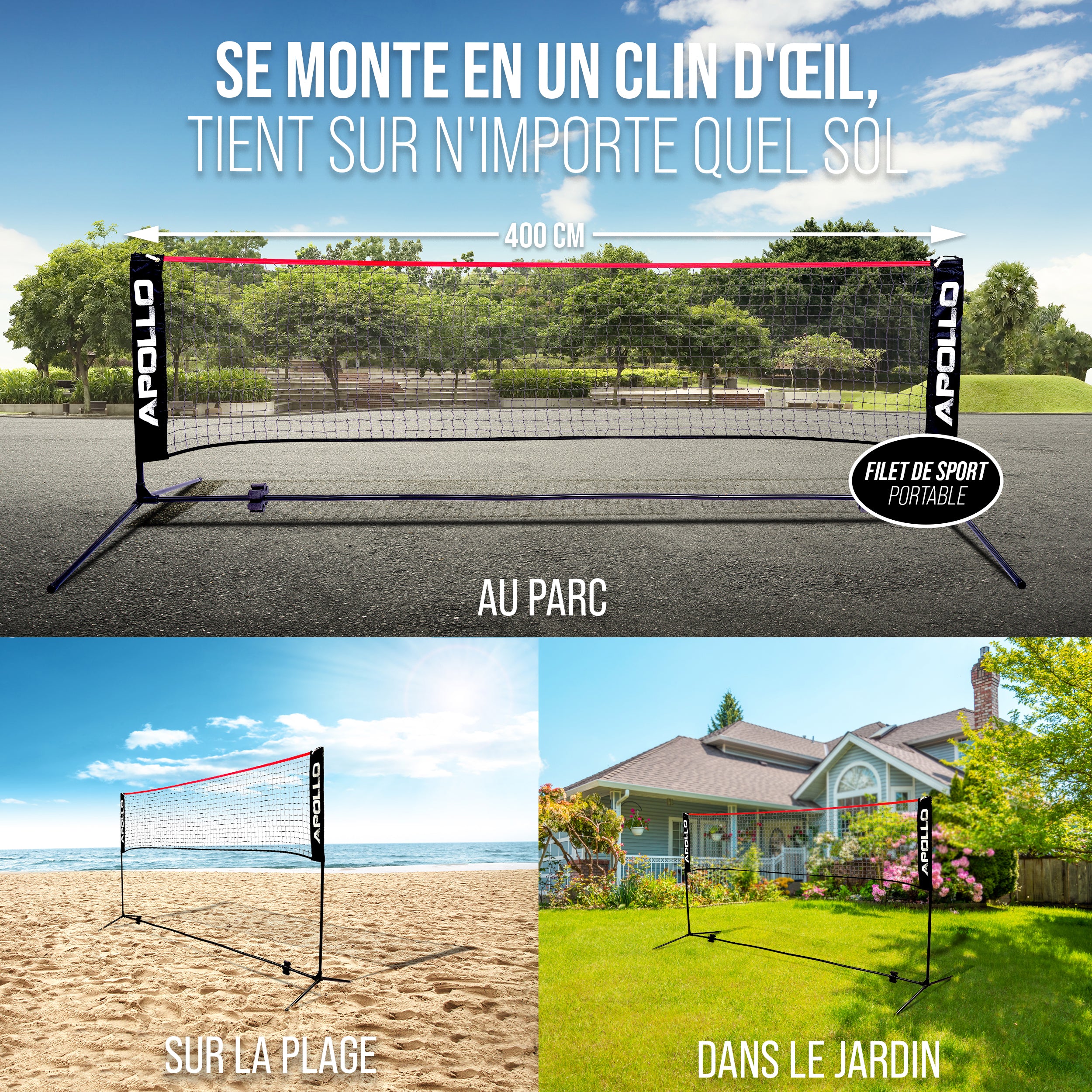 Apollo - Apollo Filet Badminton - Filet de Volley Ball - différentes tailles et réglables - Rouge 400 cm