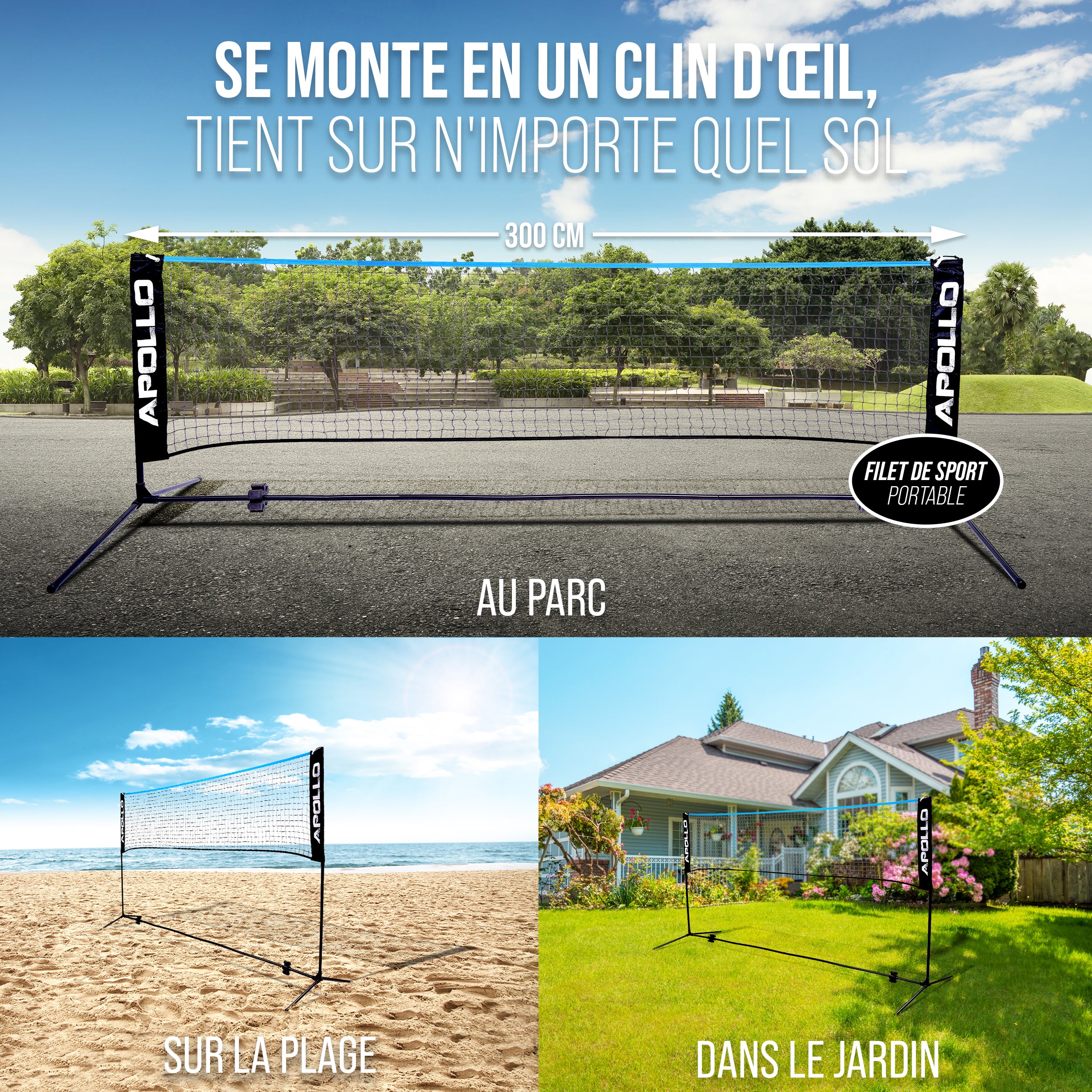 Apollo - Apollo Filet Badminton - Filet de Volley Ball - différentes tailles et réglables - Bleu 300 cm