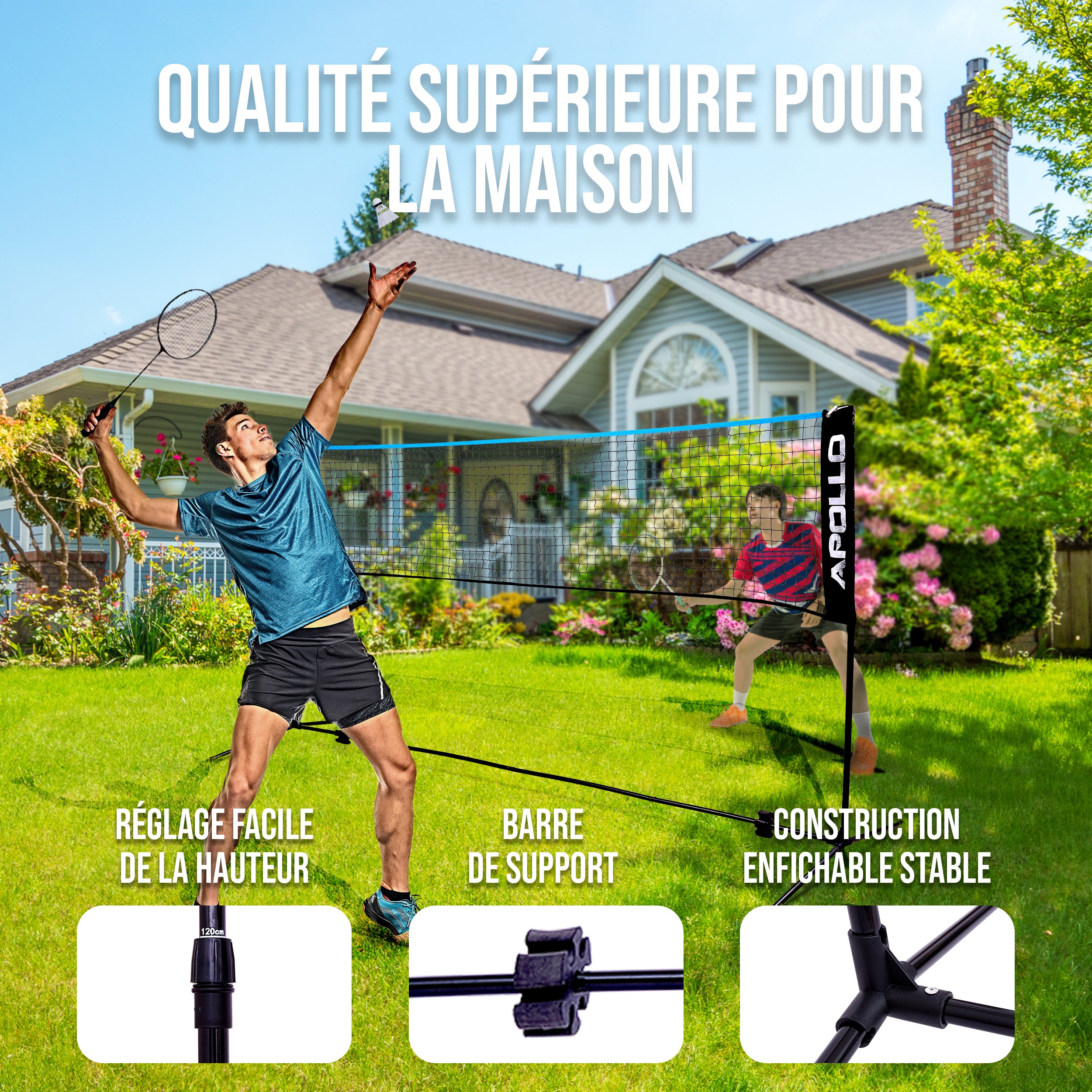 Apollo - Apollo Filet Badminton - Filet de Volley Ball - différentes tailles et réglables - Bleu 400 cm