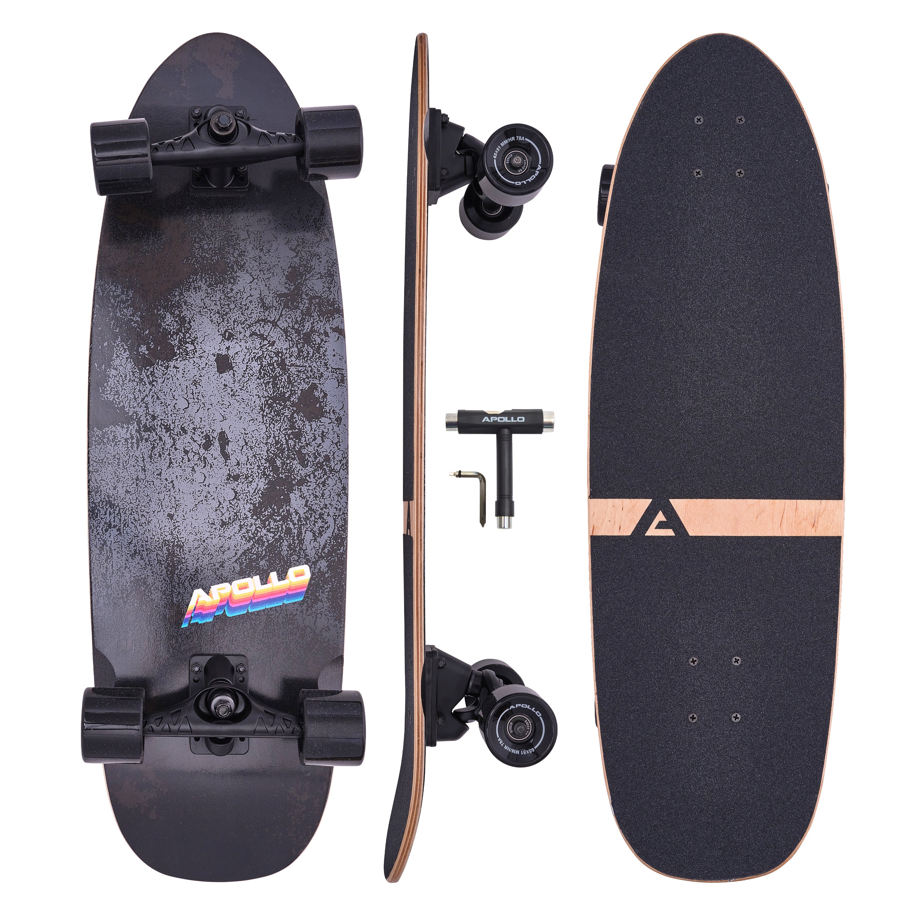 Apollo - Surf Style Skateboard - Black Marble - Black Marble