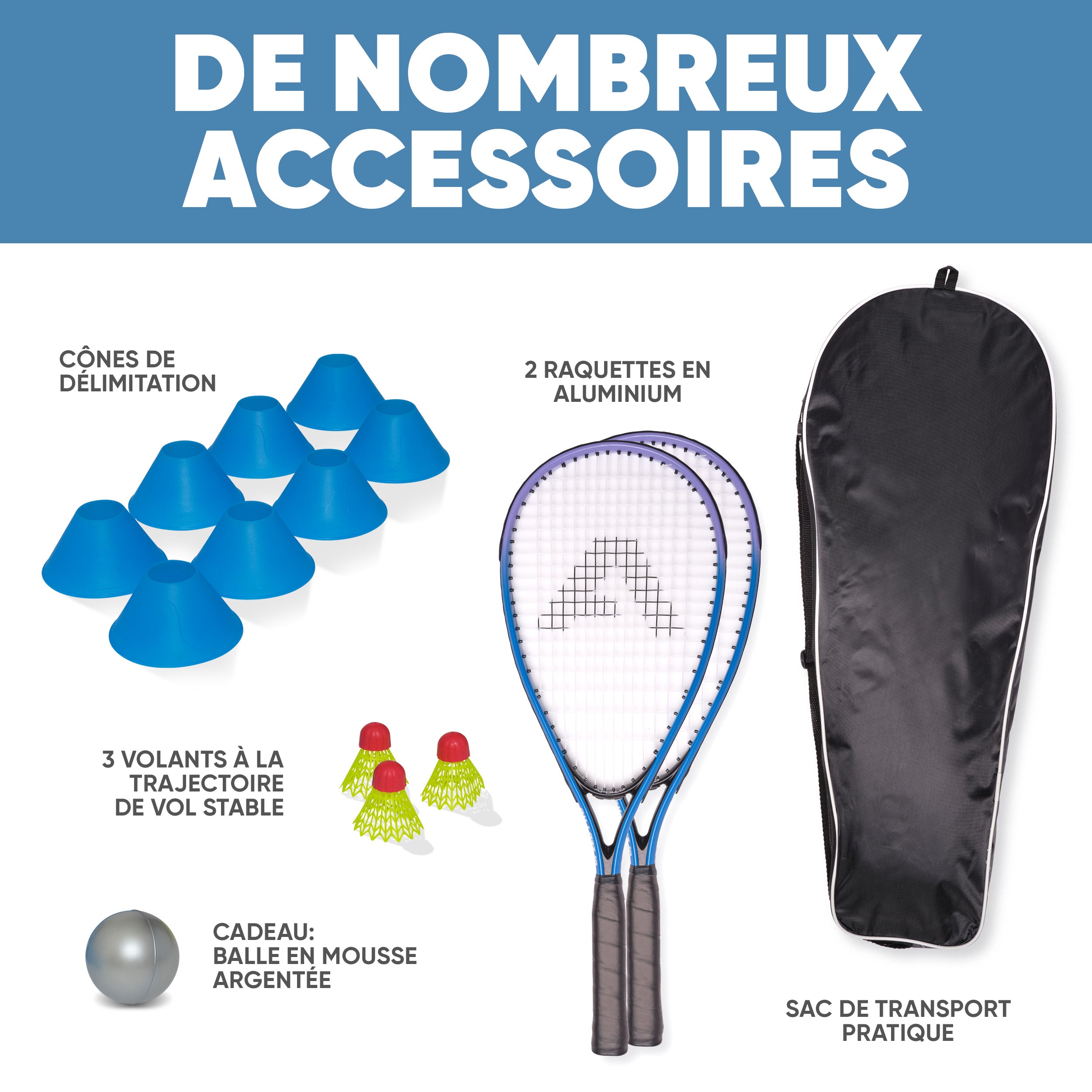 Apollo - Kit Raquettes Badminton de Différentes Couleurs pour Adulte et Enfant - Bleu