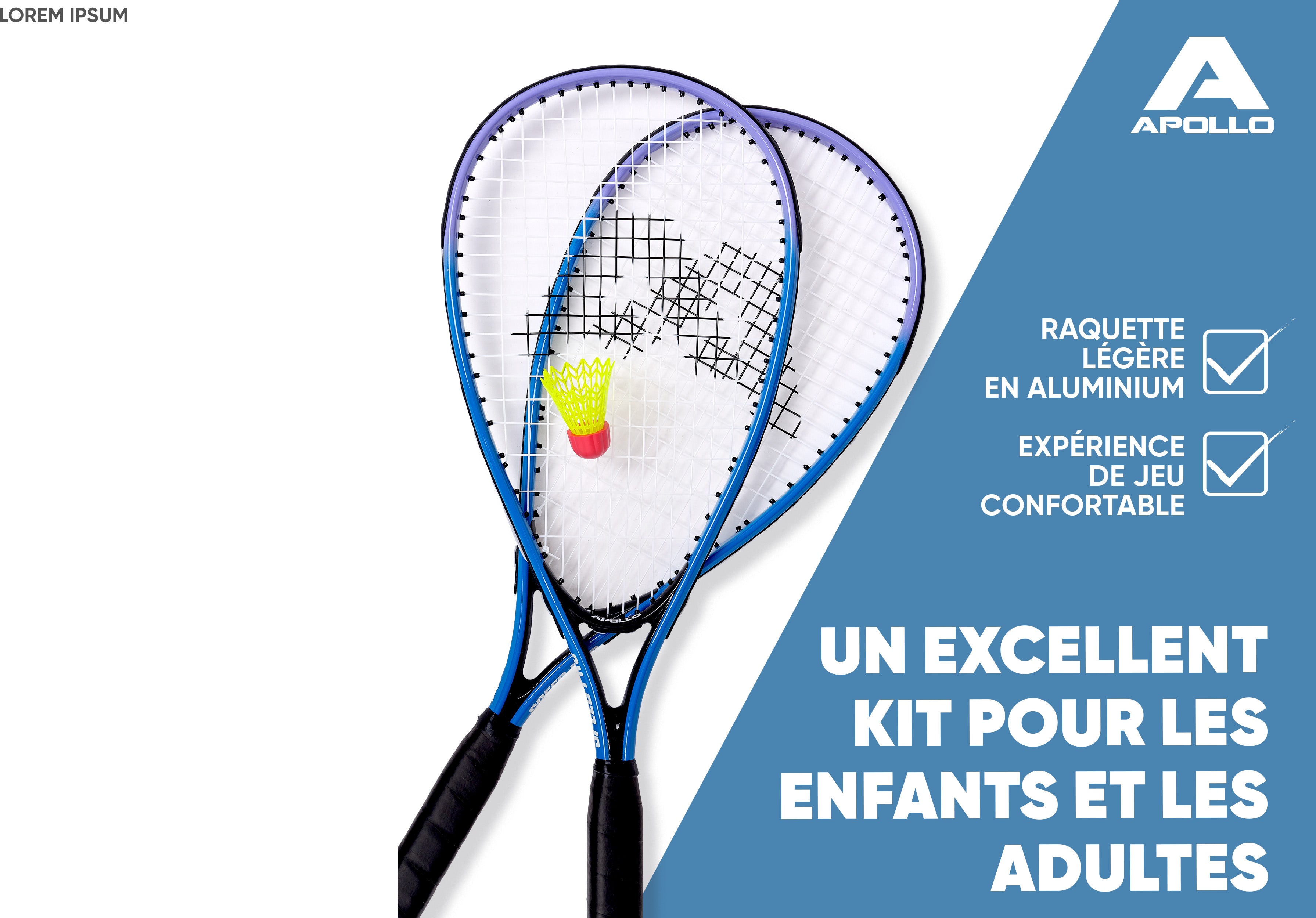 Apollo - Kit Raquettes Badminton de Différentes Couleurs pour Adulte et Enfant - Bleu