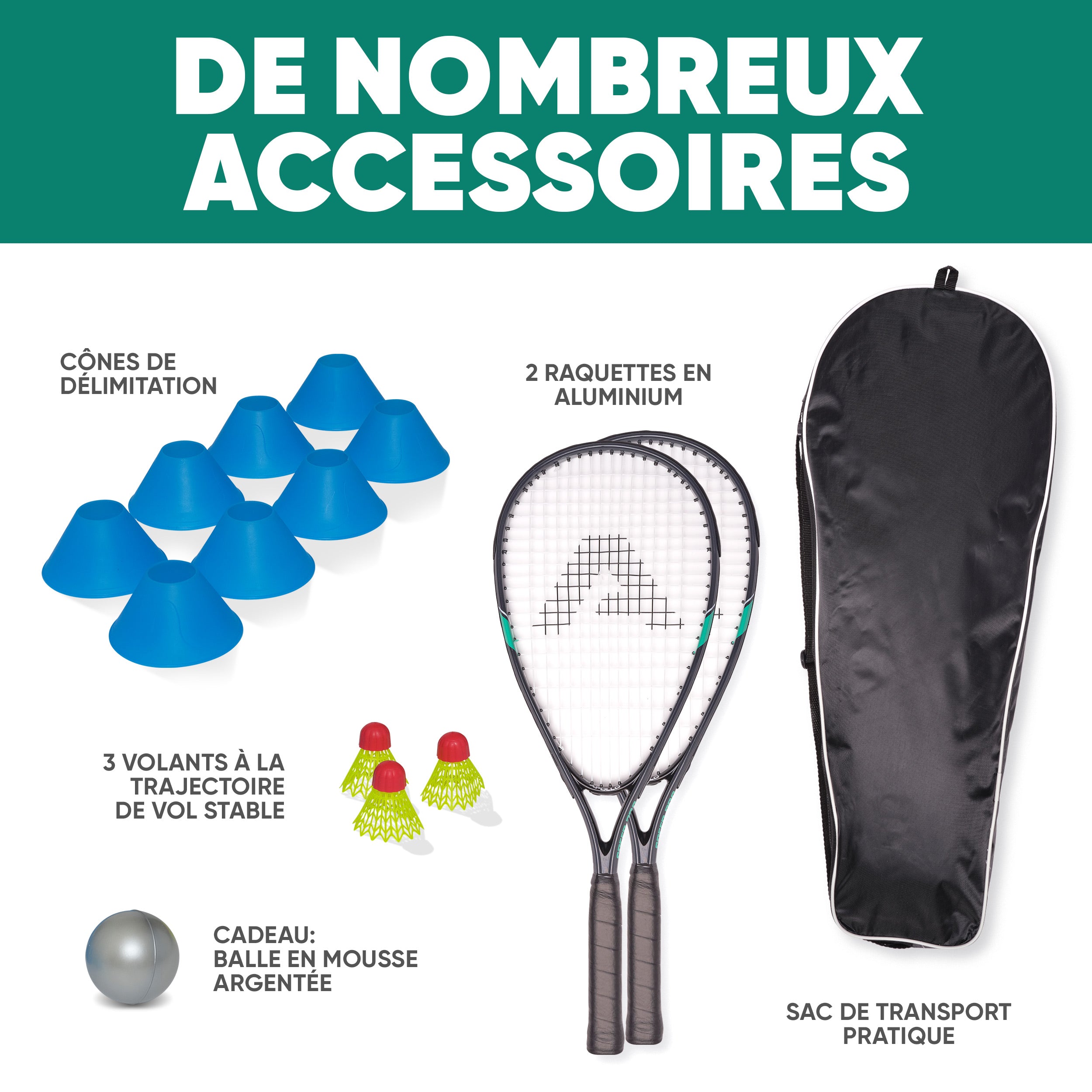 Apollo - Kit Raquettes Badminton de Différentes Couleurs pour Adulte et Enfant - Gris Menthe