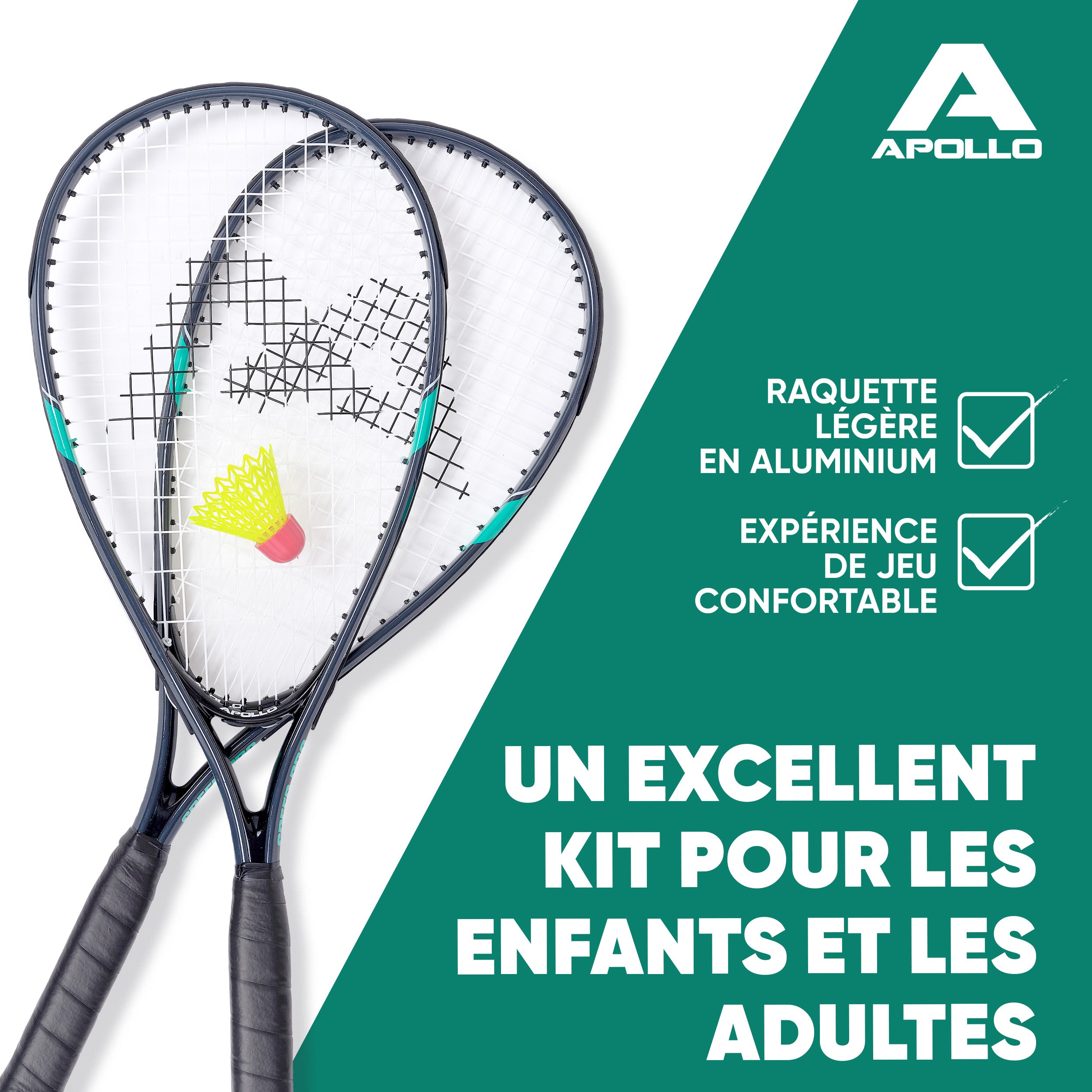 Apollo - Kit Raquettes Badminton de Différentes Couleurs pour Adulte et Enfant - Gris Menthe