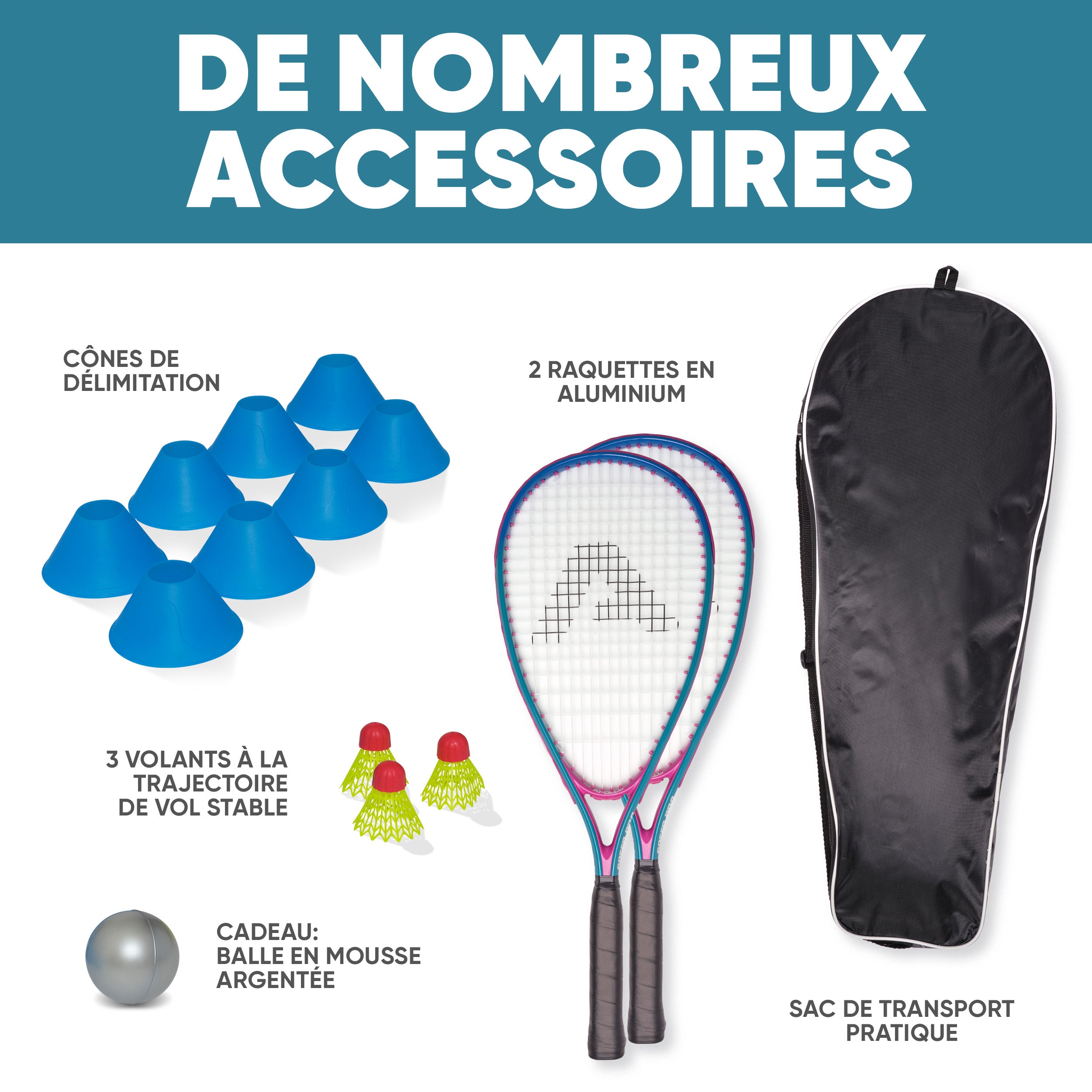 Apollo - Kit Raquettes Badminton de Différentes Couleurs pour Adulte et Enfant - Bleu Rose