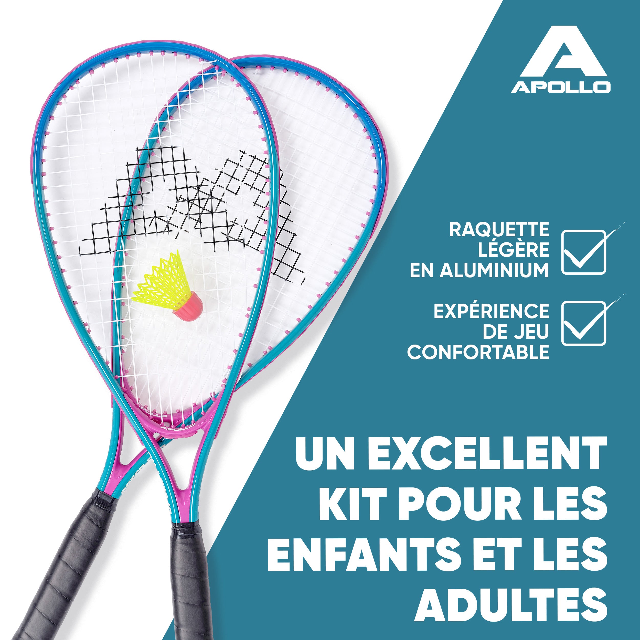Apollo - Kit Raquettes Badminton de Différentes Couleurs pour Adulte et Enfant - Bleu Rose