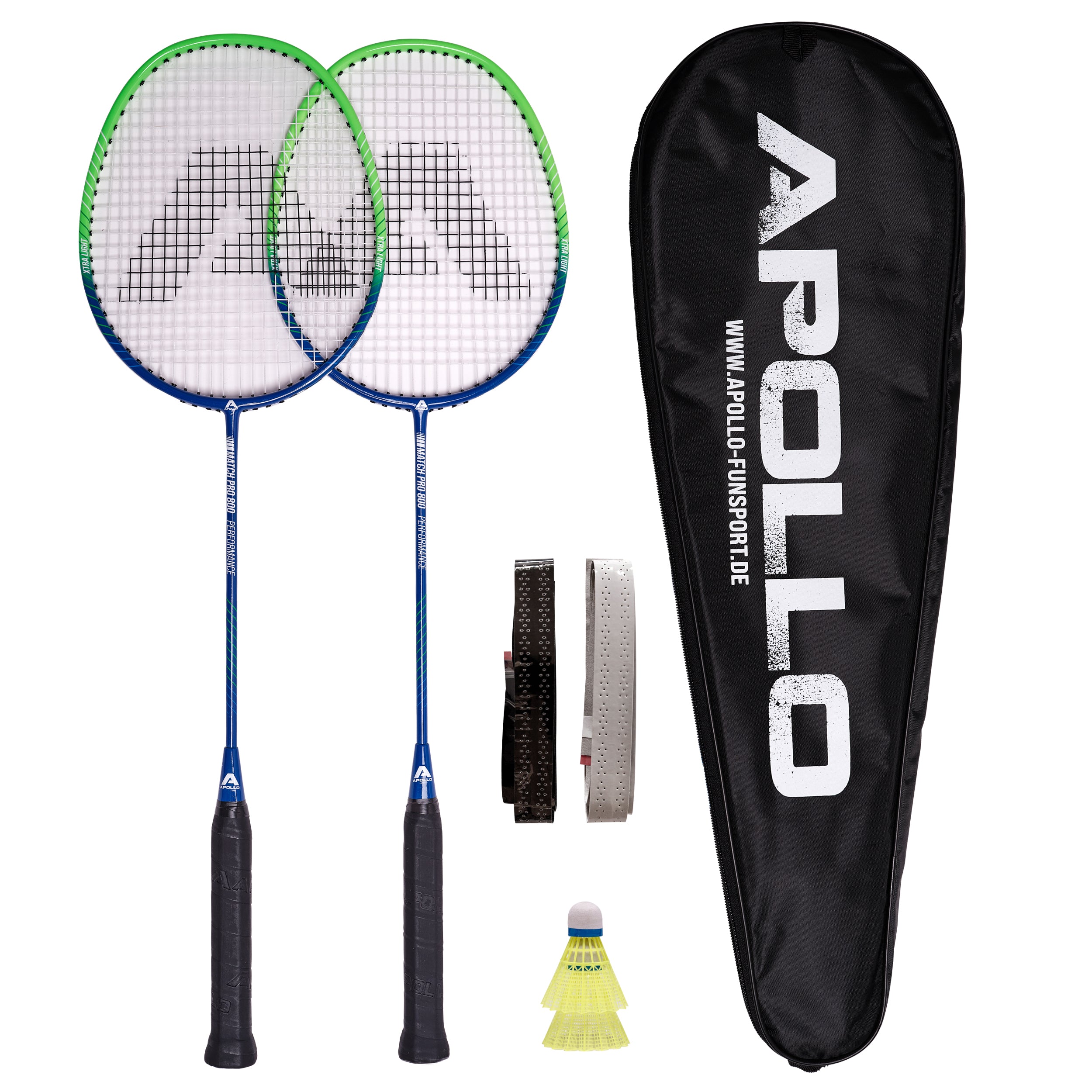 Apollo - Set de badminton Match Pro 800 – inclus : sac de transport, 2 raquettes, volants - Bleu Vert