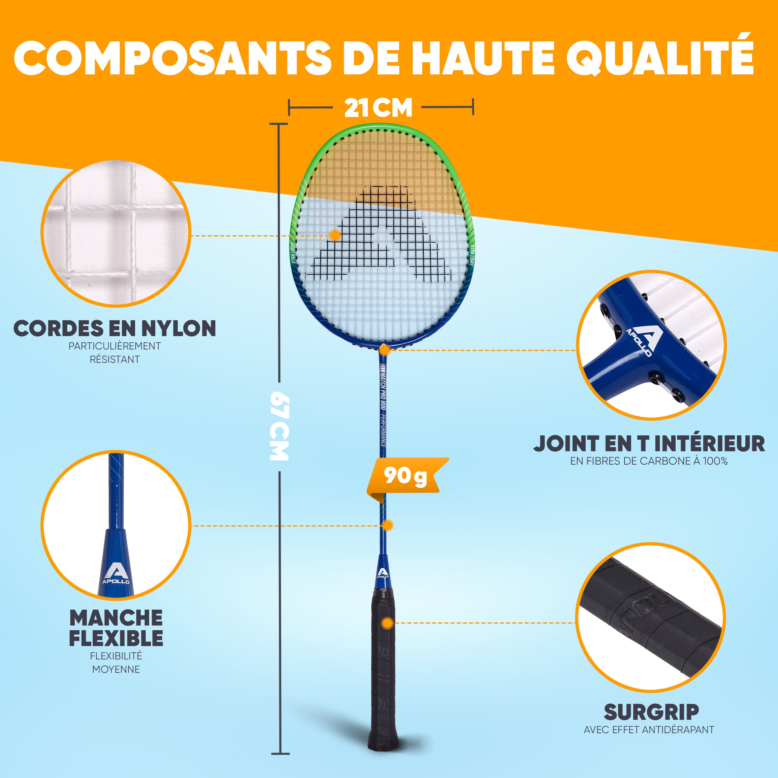 Apollo - Set de badminton Match Pro 800 – inclus : sac de transport, 2 raquettes, volants - Bleu Vert