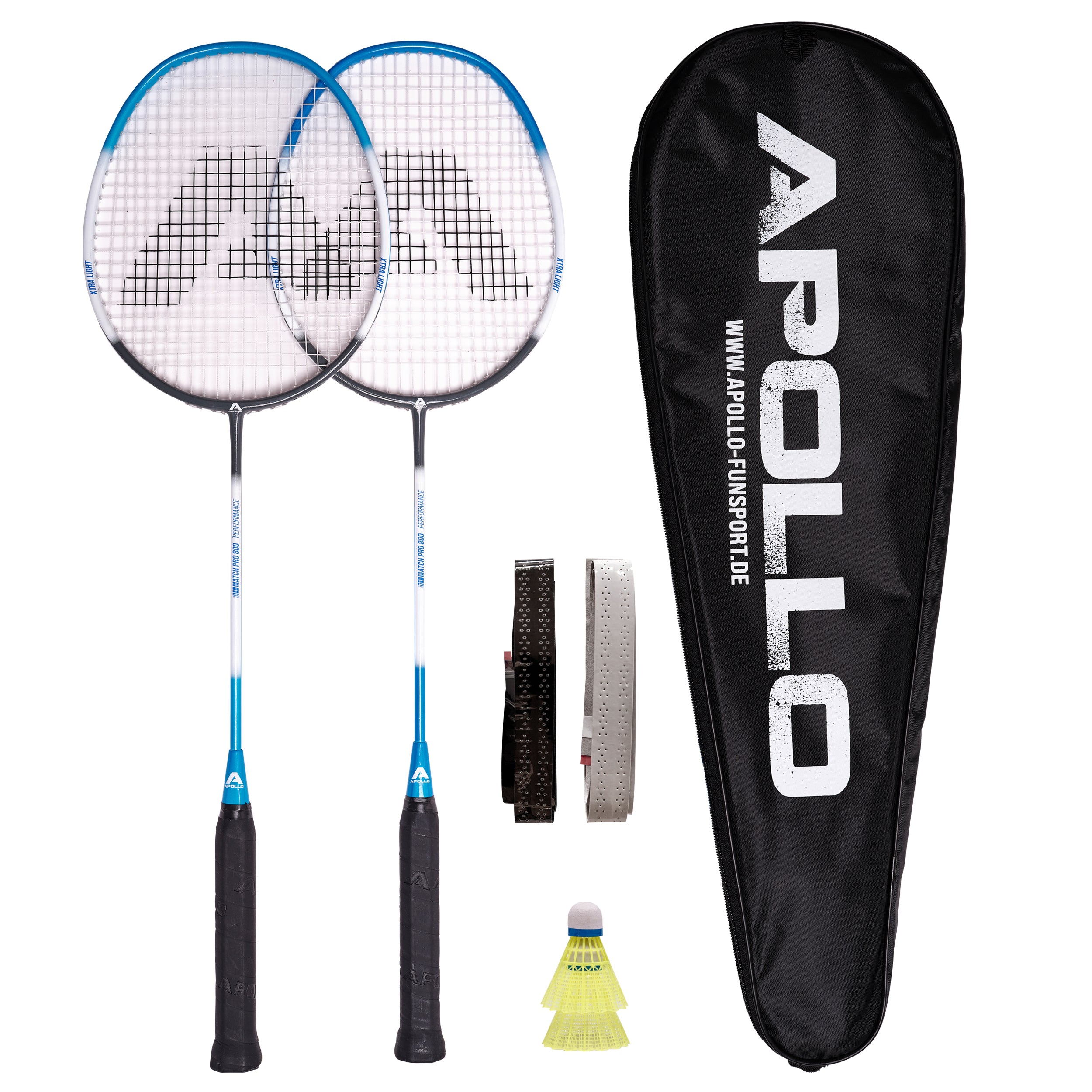 Apollo - Set de badminton Match Pro 800 – inclus : sac de transport, 2 raquettes, volants - Bleu Gris