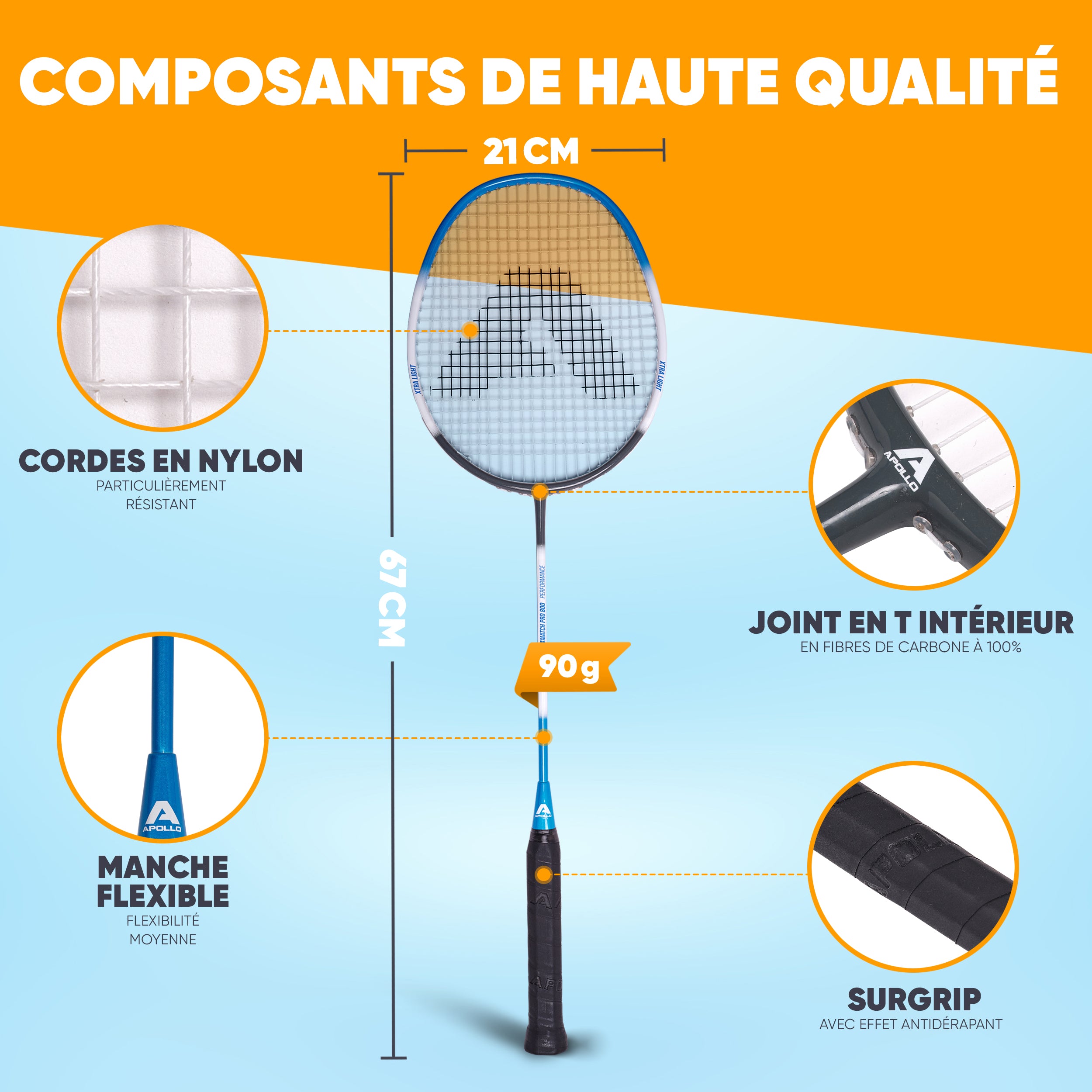 Apollo - Set de badminton Match Pro 800 – inclus : sac de transport, 2 raquettes, volants - Bleu Gris