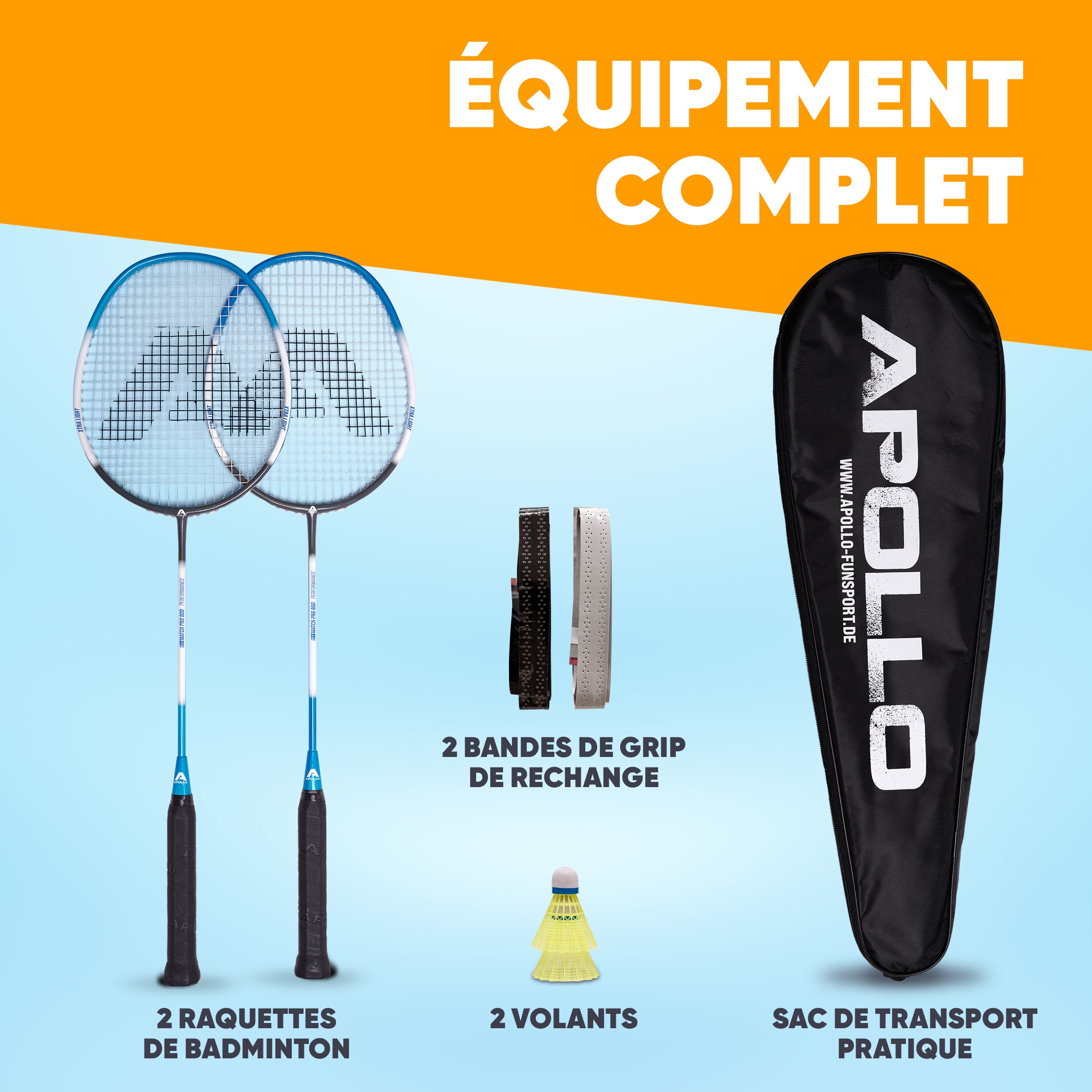Apollo - Set de badminton Match Pro 800 – inclus : sac de transport, 2 raquettes, volants - Bleu Gris