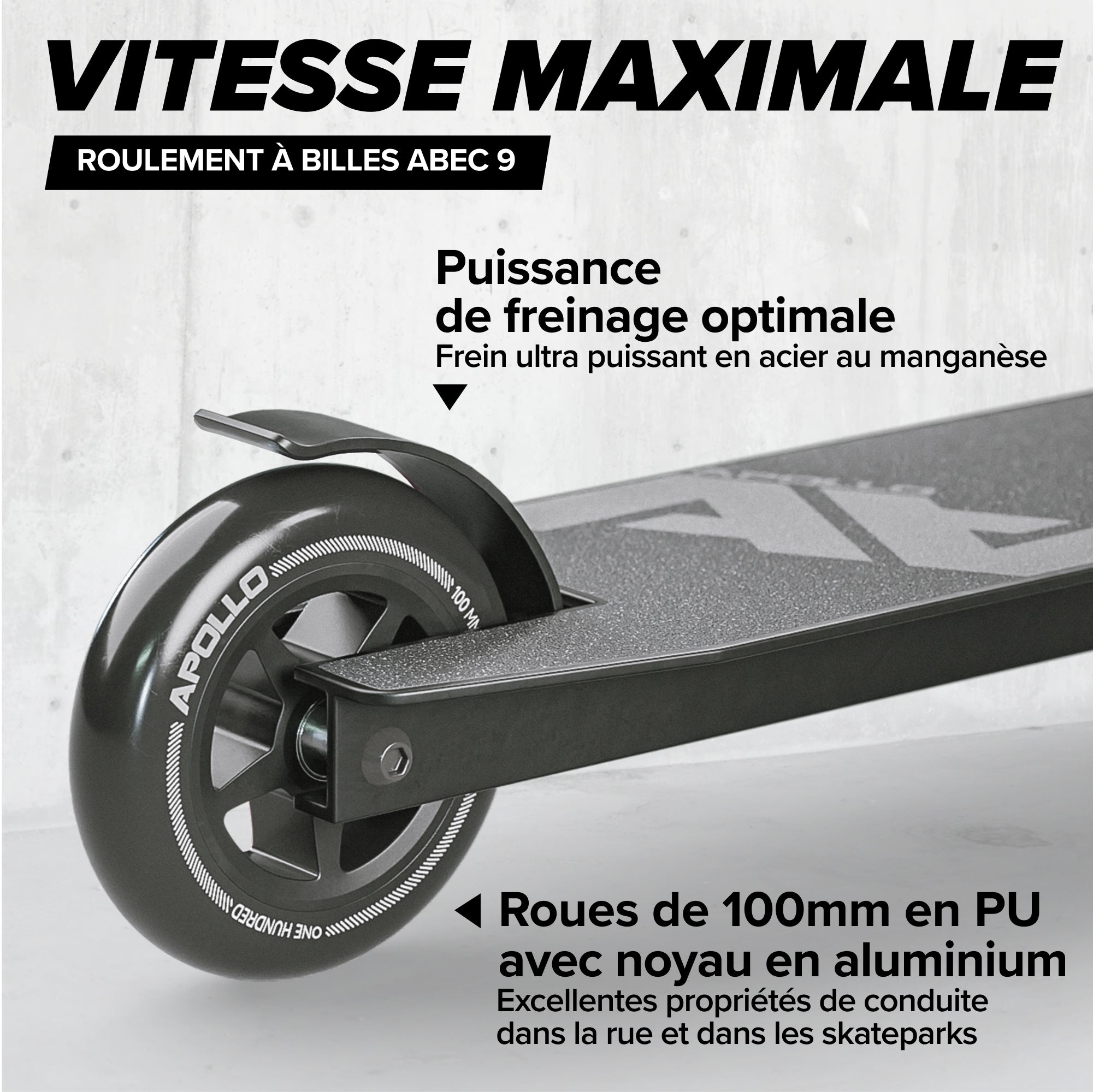 Apollo - Trottinette Freestyle Genius Pro - Trottinette robuste avec roulement à billes ABEC 9 - Noir