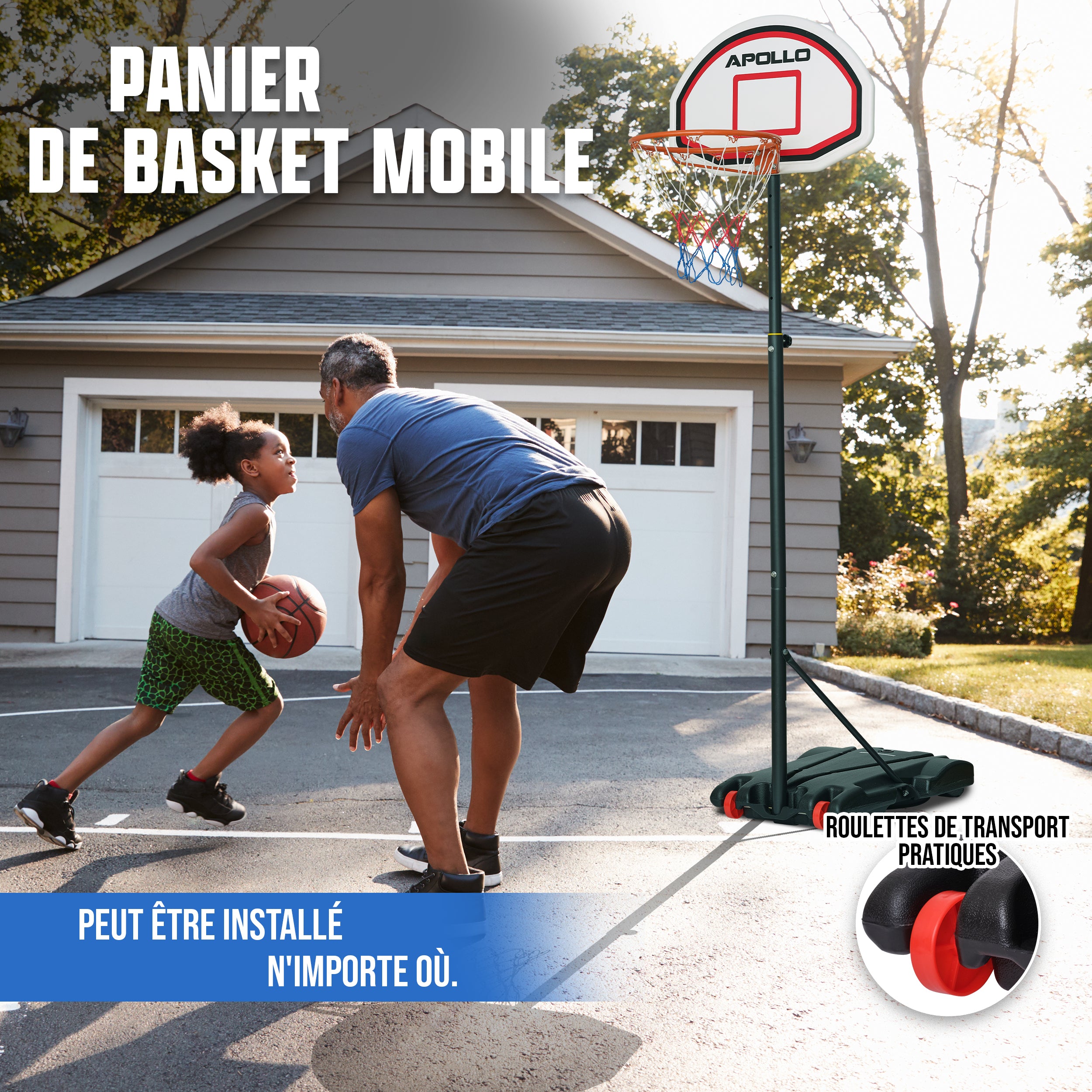 Apollo - Panier de Basket avec Support et roulettes - Hauteur réglable du Panier de 255 à 210 cm - Classic
