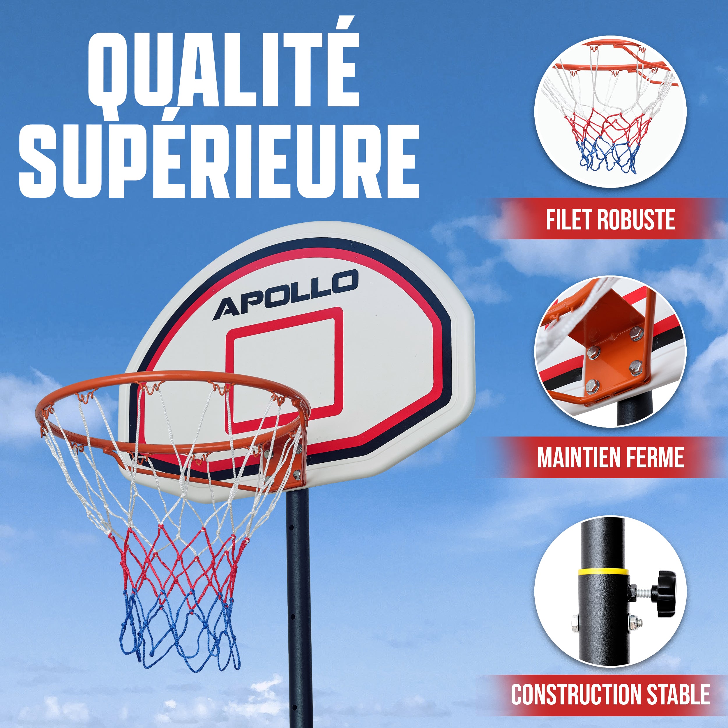 Apollo - Panier de Basket avec Support et roulettes - Hauteur réglable du Panier de 255 à 210 cm - Classic