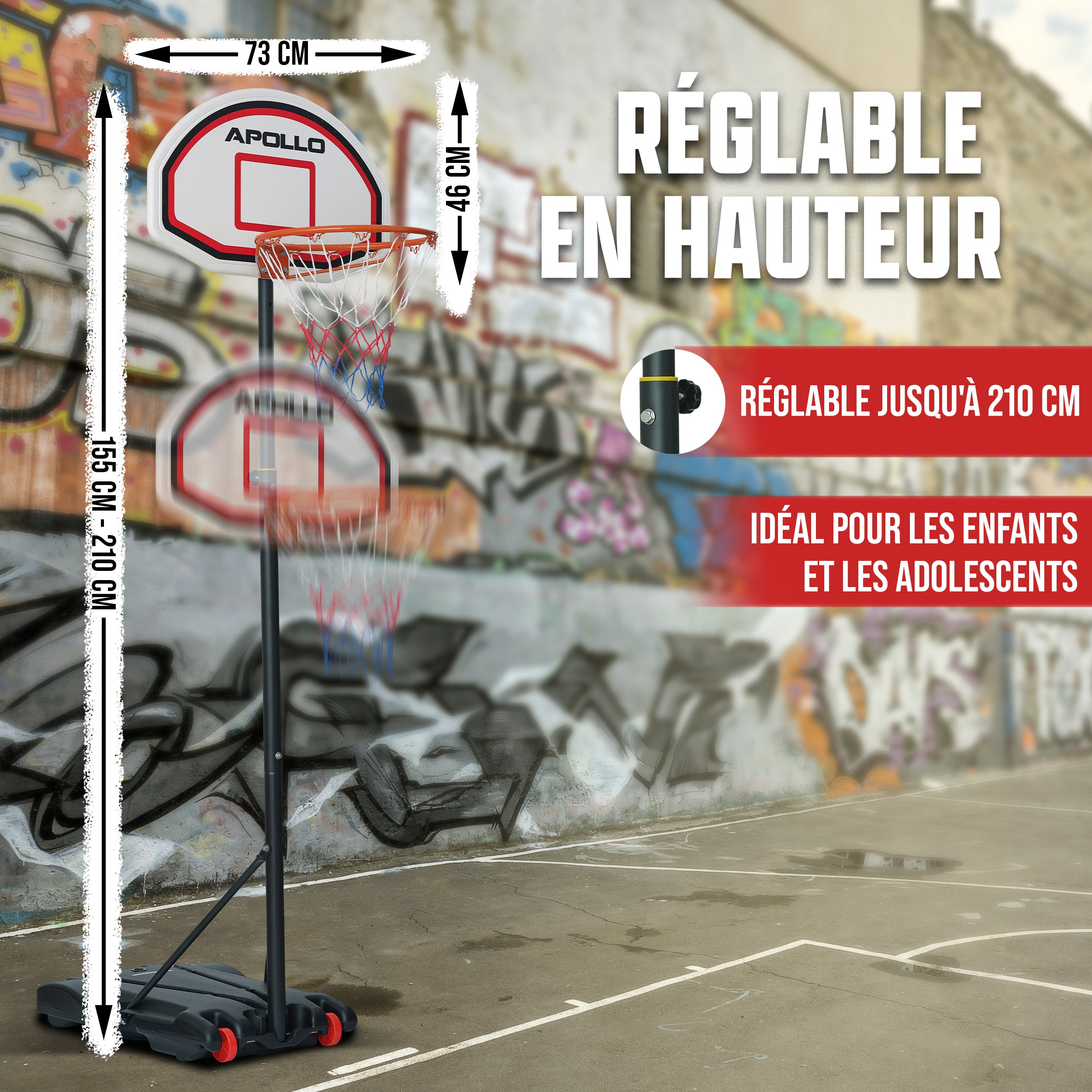 Apollo - Panier de Basket avec Support et roulettes - Hauteur réglable du Panier de 255 à 210 cm - Classic
