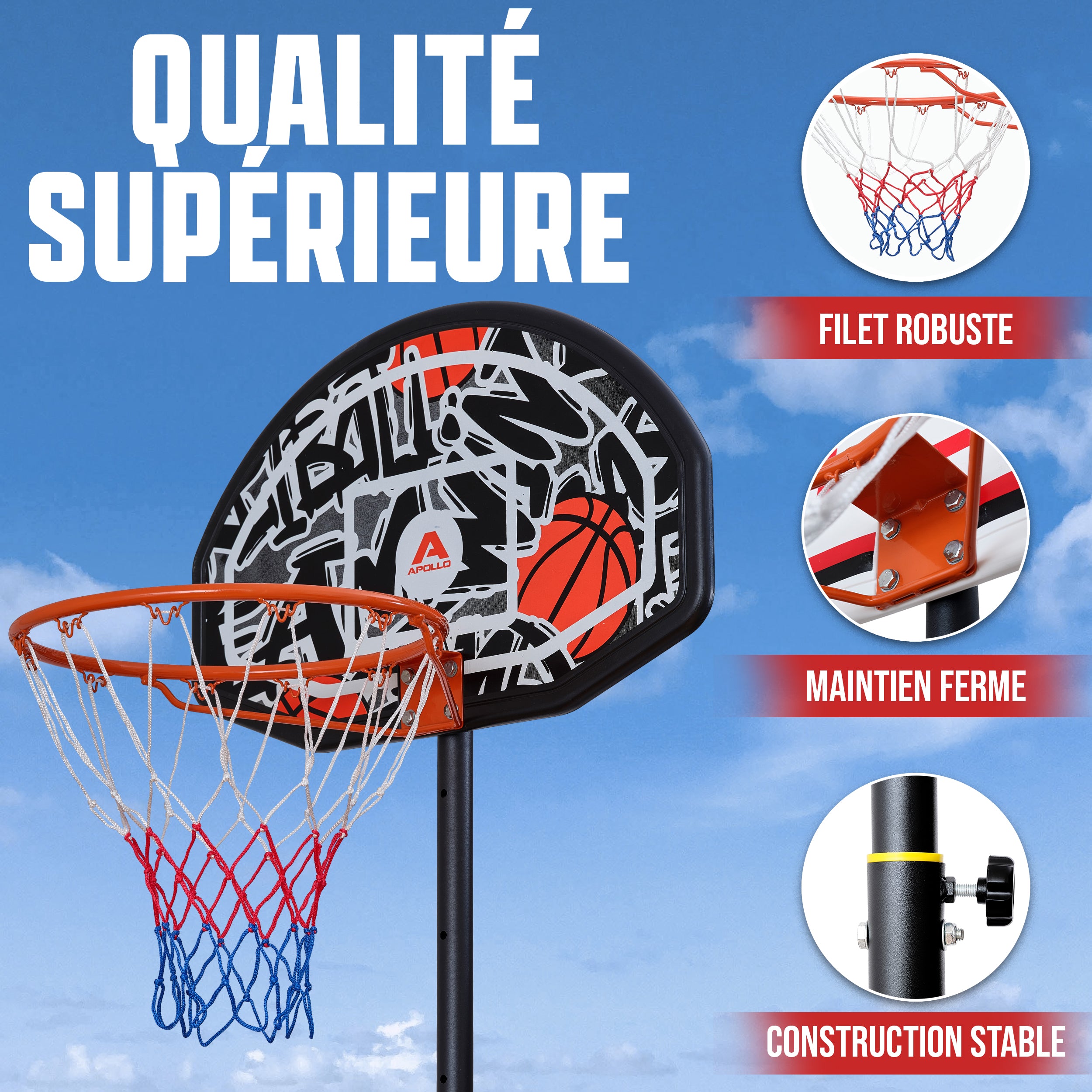 Apollo - Panier de Basket avec Support et roulettes - Hauteur réglable du Panier de 255 à 210 cm - Graffiti