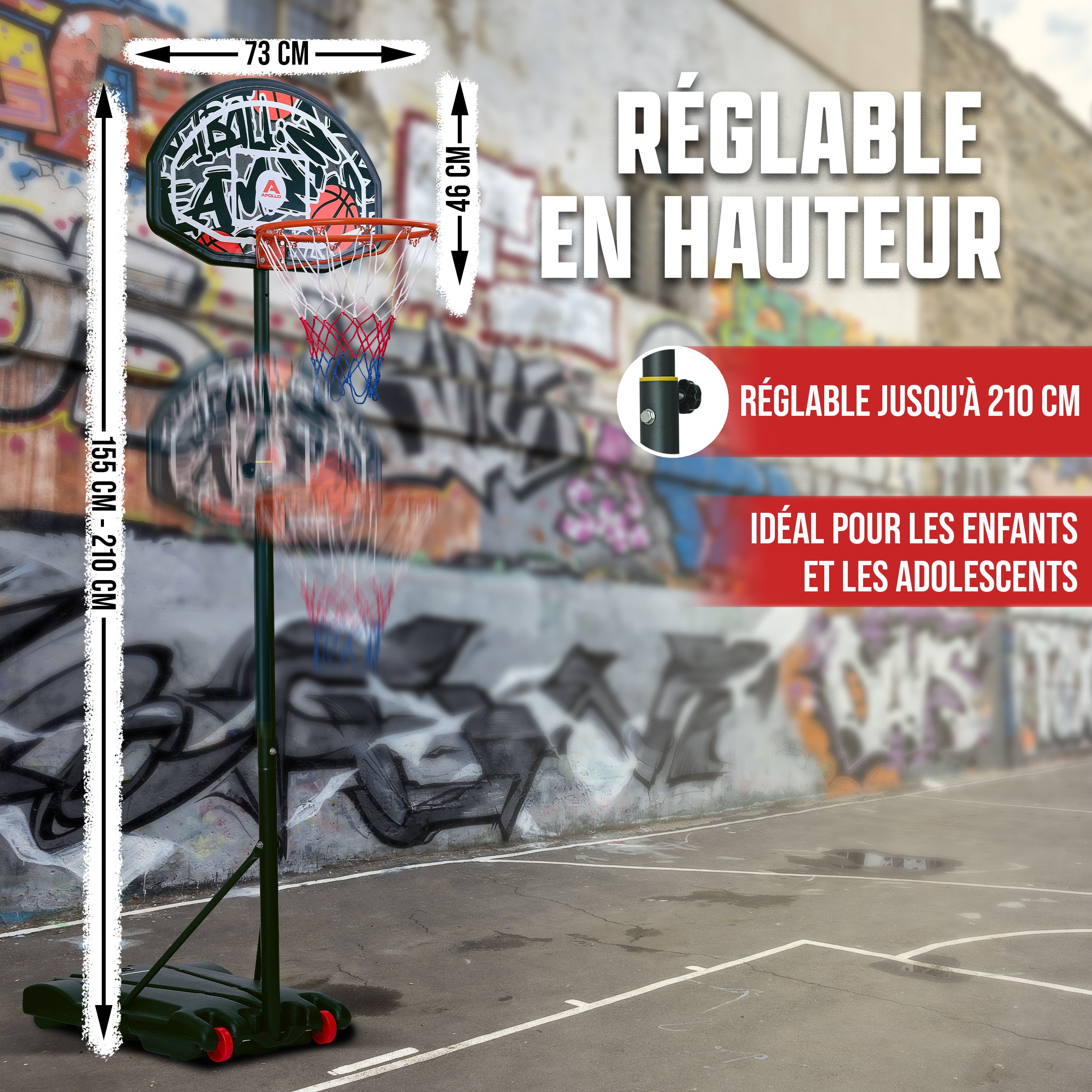 Apollo - Panier de Basket avec Support et roulettes - Hauteur réglable du Panier de 255 à 210 cm - Graffiti