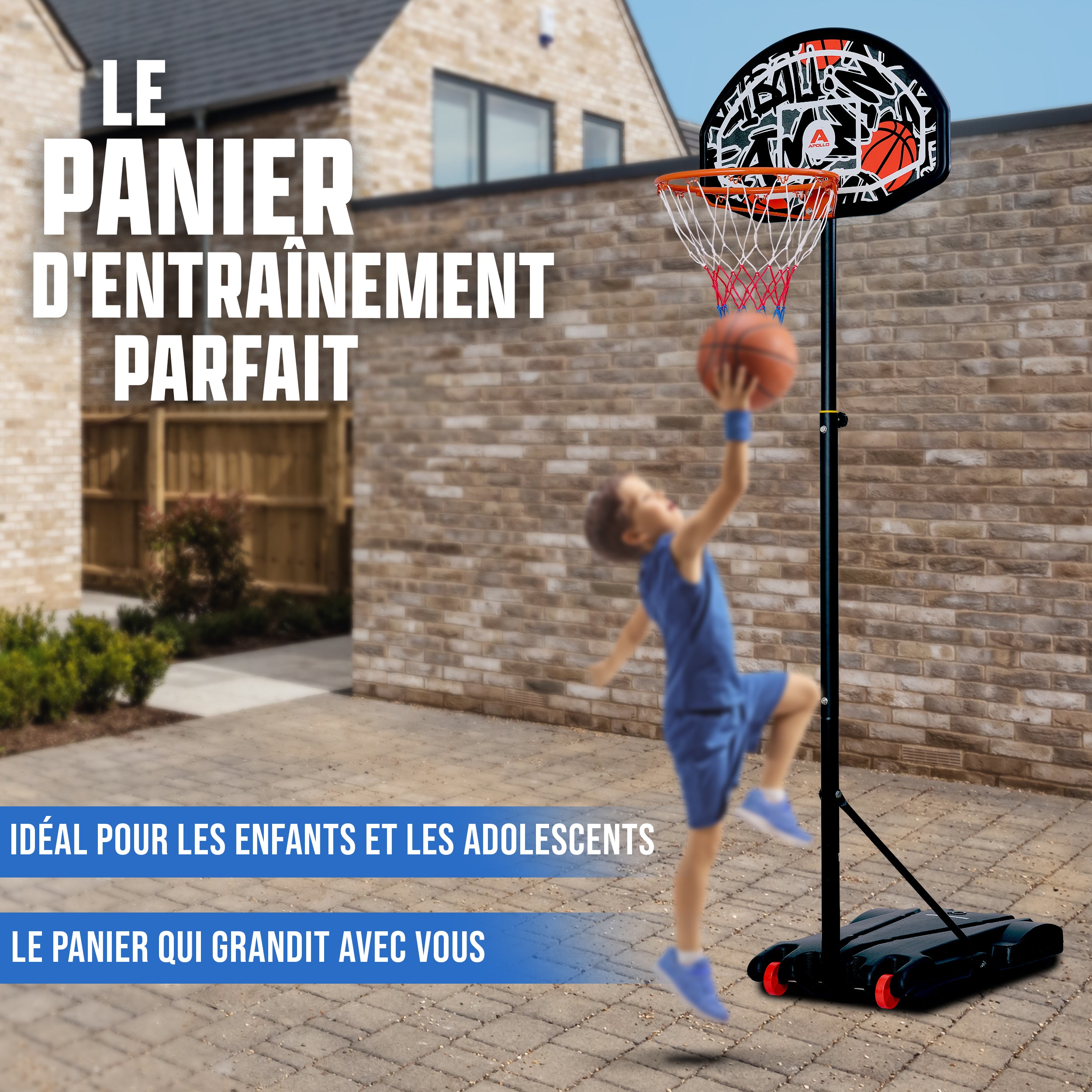 Apollo - Panier de Basket avec Support et roulettes - Hauteur réglable du Panier de 255 à 210 cm - Graffiti