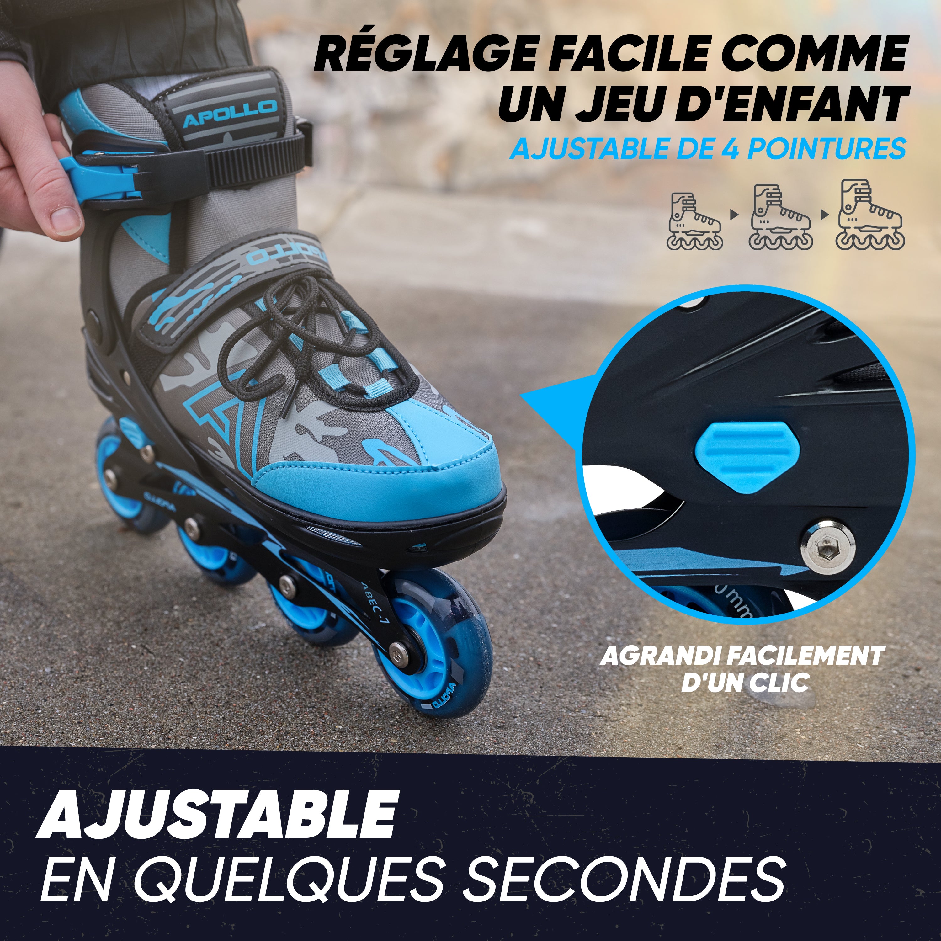 Apollo - Champion rollers adultes/enfants à pointure réglable - Bleu - L (39-42)