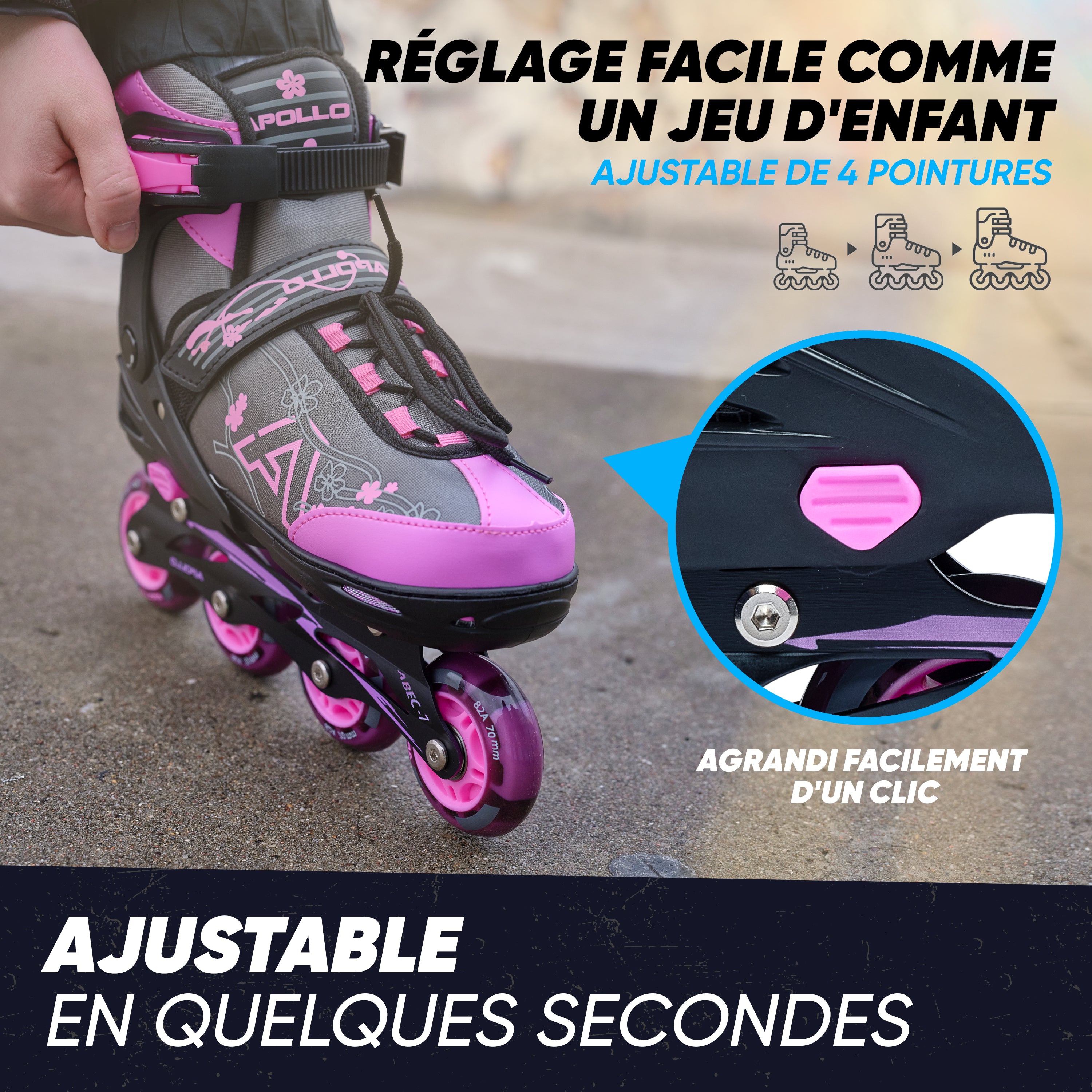 Apollo - Champion rollers adultes/enfants à pointure réglable - Rose - L (39-42)