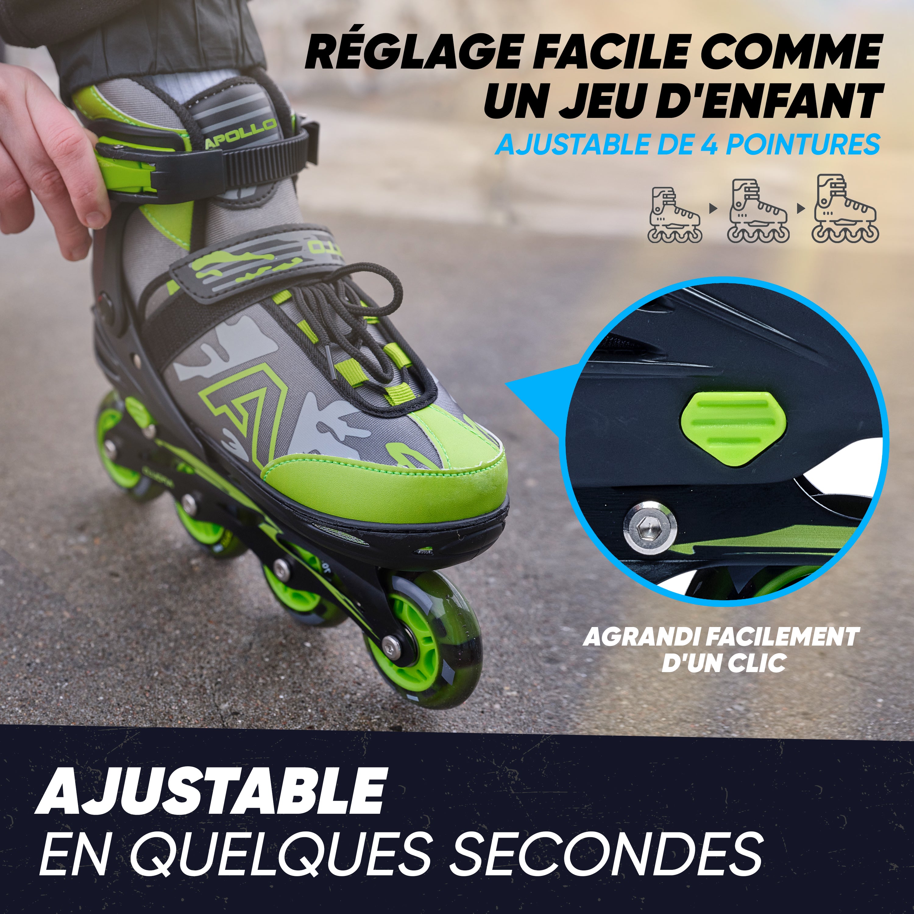 Apollo - Champion rollers adultes/enfants à pointure réglable - Vert - L (39-42)